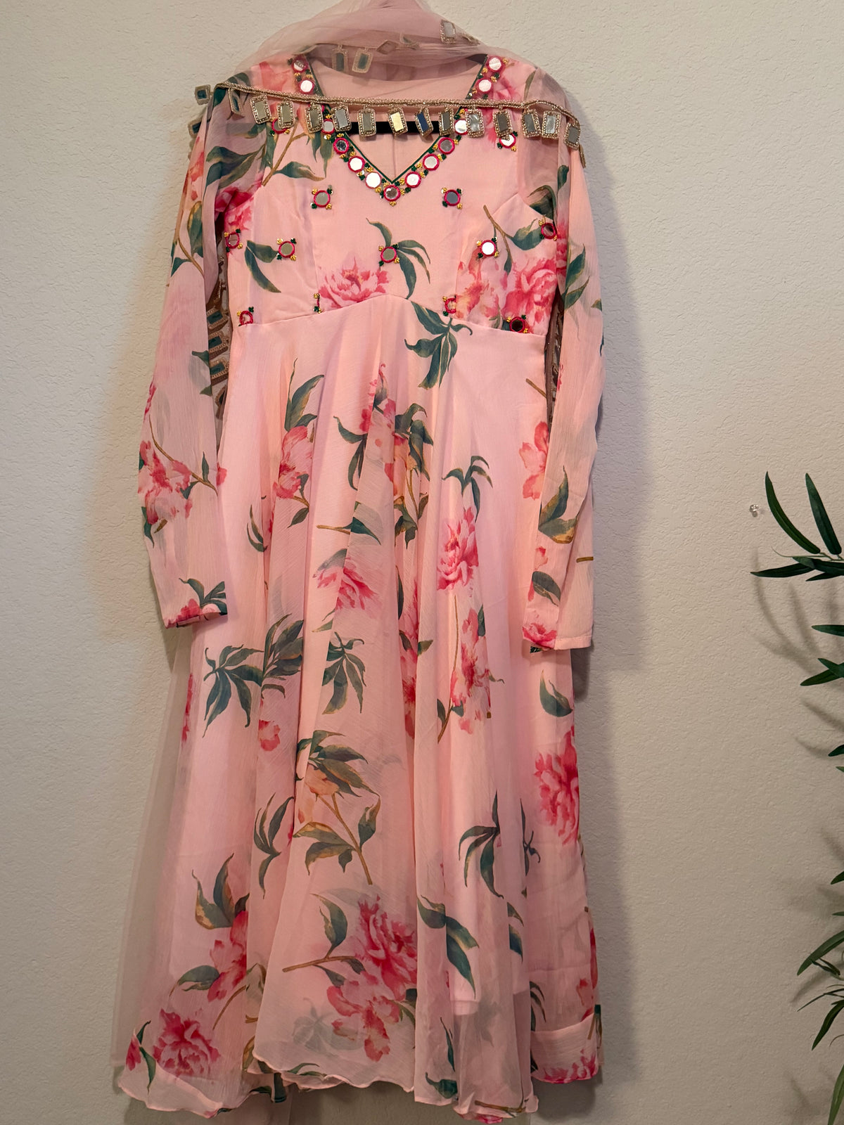 Peachish Pink Shade Soft Georgette Heavy Flared Floral Mirror Work Anarkali Set - Top and Dupatta