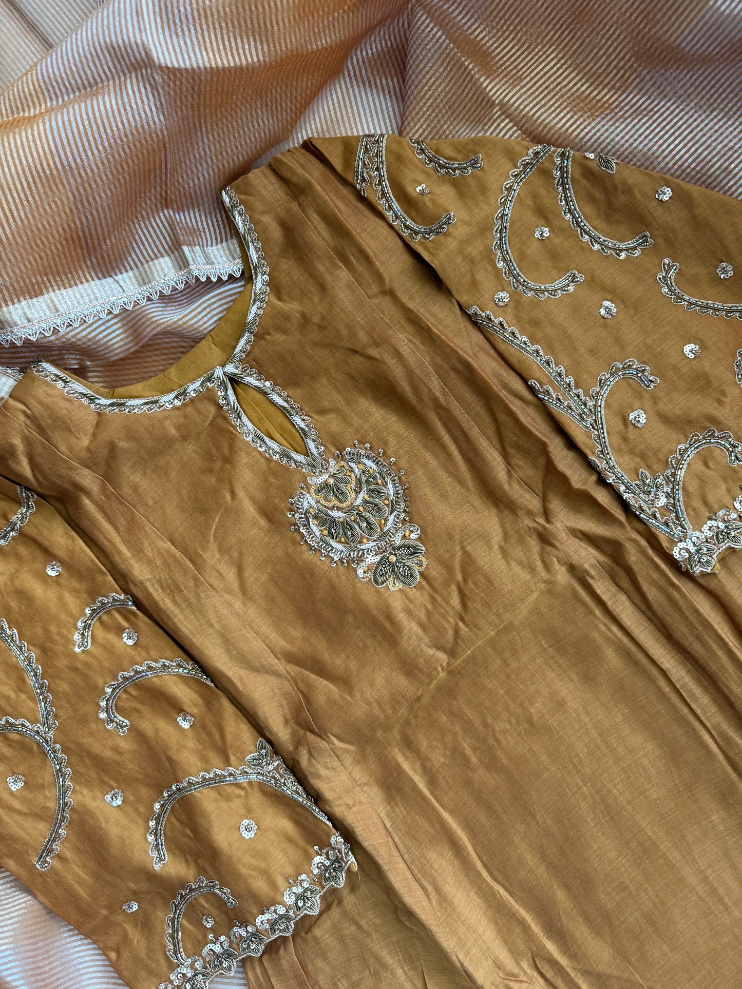 Coffee Brown Shade pure mul chanderi handwork suit set with tissue dupatta