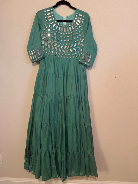 Teal Mirror Work Heavy Flared Anarkali Long Dress