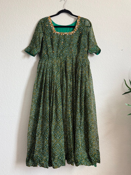 Green Bandhini Handwork Anarkali Tunic
