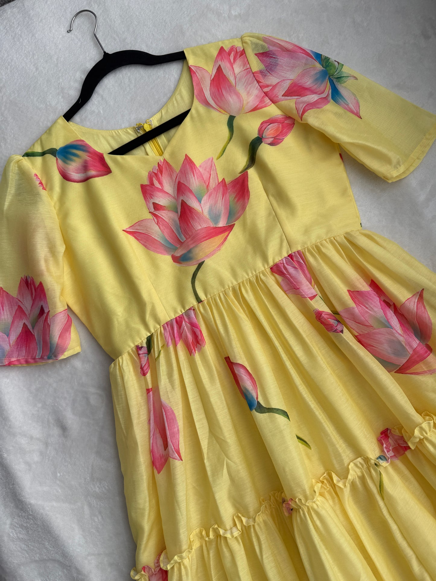 Yellow floral chanderi three tier midi dress