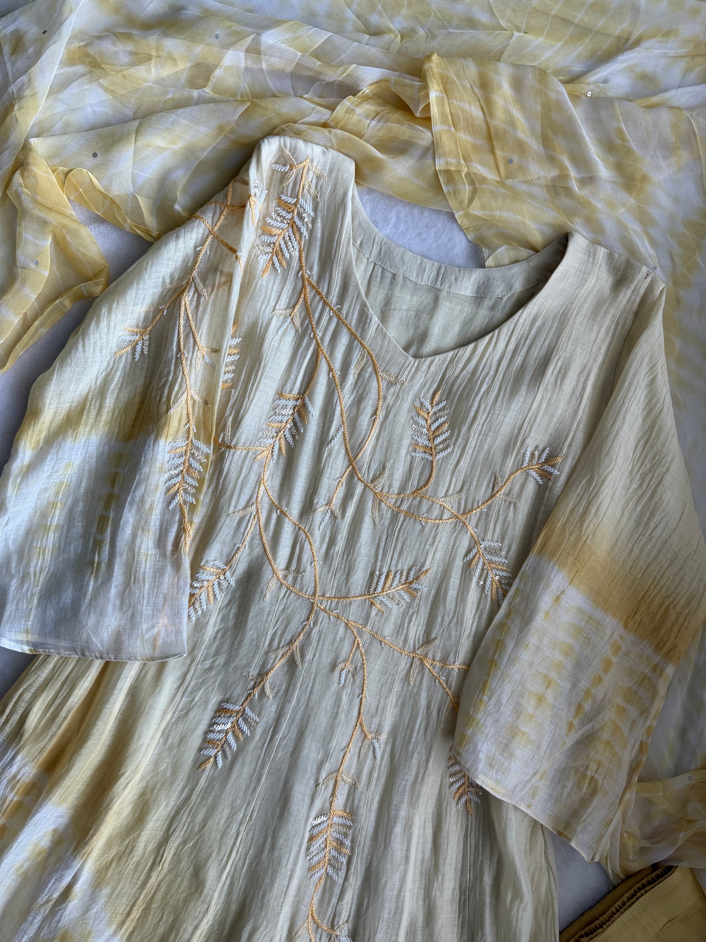 Pastel yellow handwork pure mul chanderi anarkali suit set