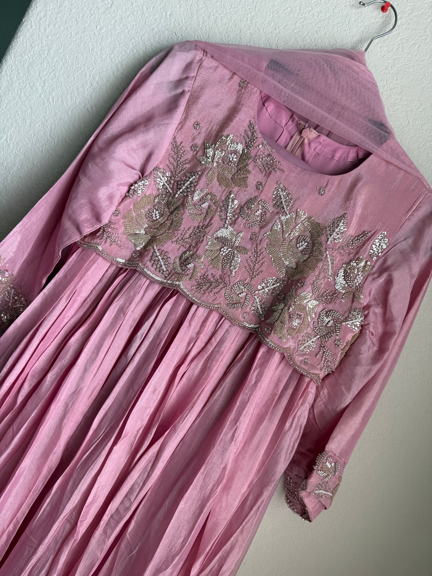 Baby pink uppada silk anarkali set with beautiful yolk detailing