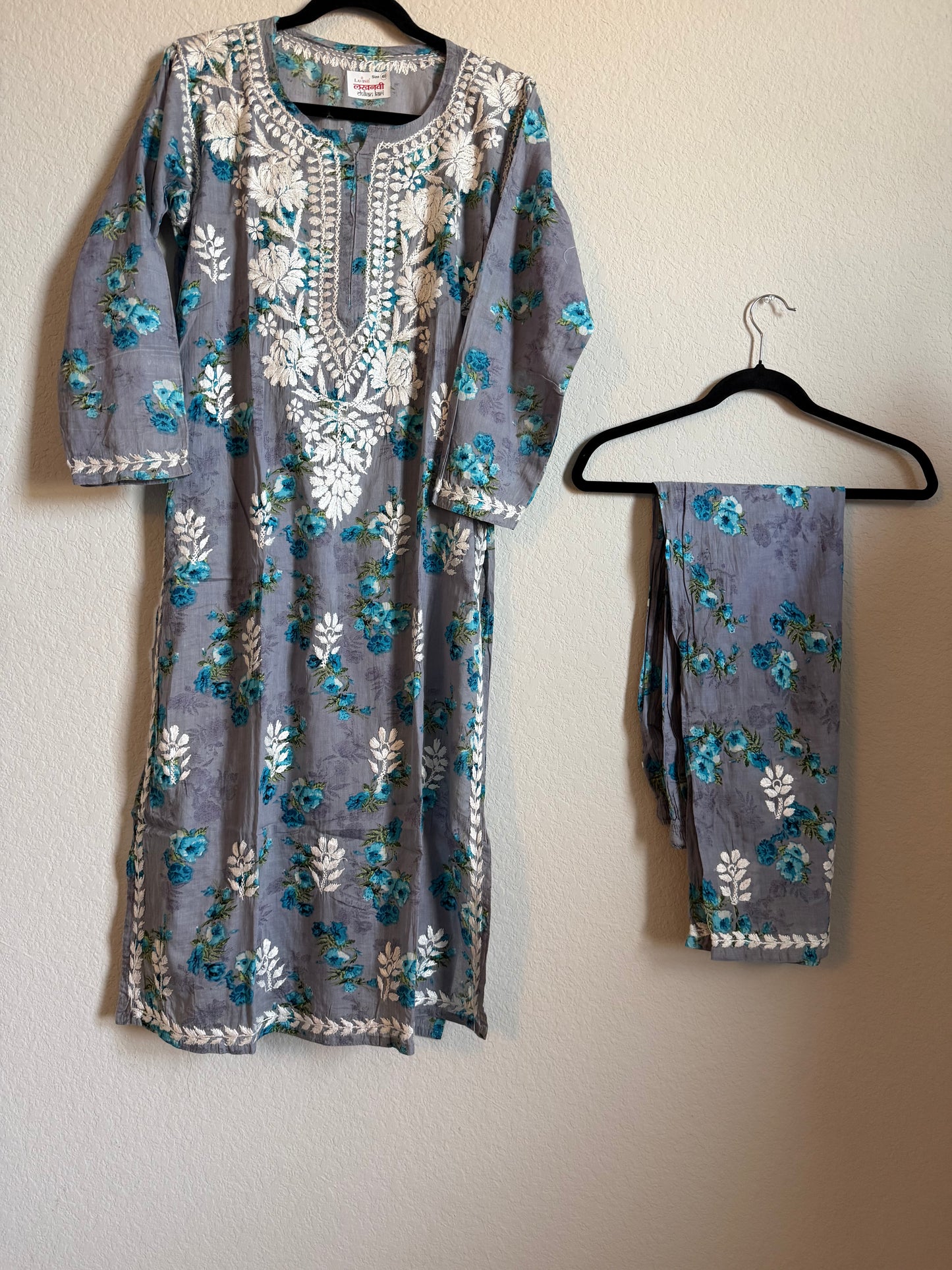 Gray Floral Printed Cotton Chikankari Coord Set - Top with Palazzo
