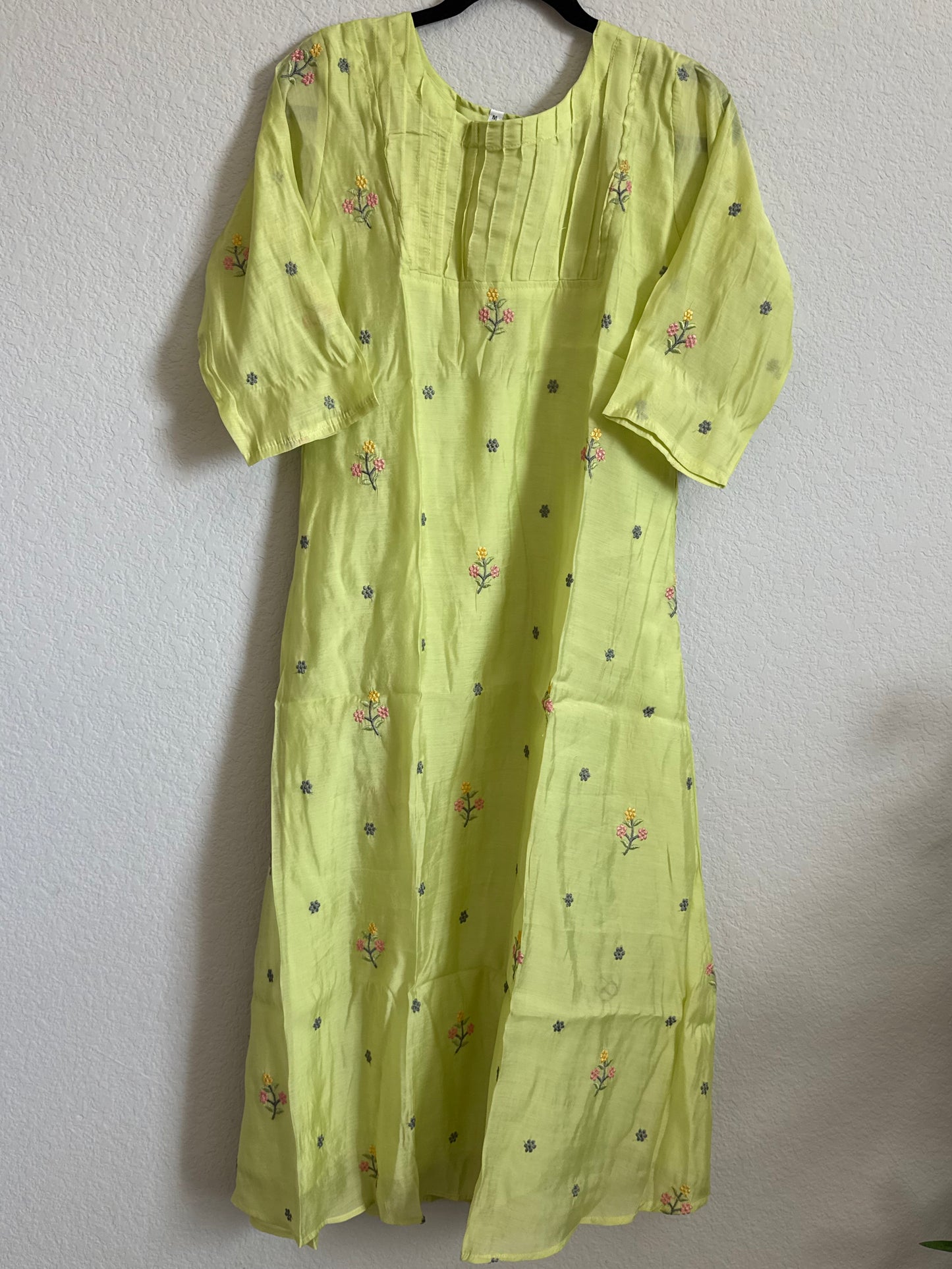 Green Floral Embroidered Mul Chanderi A-line Kurti