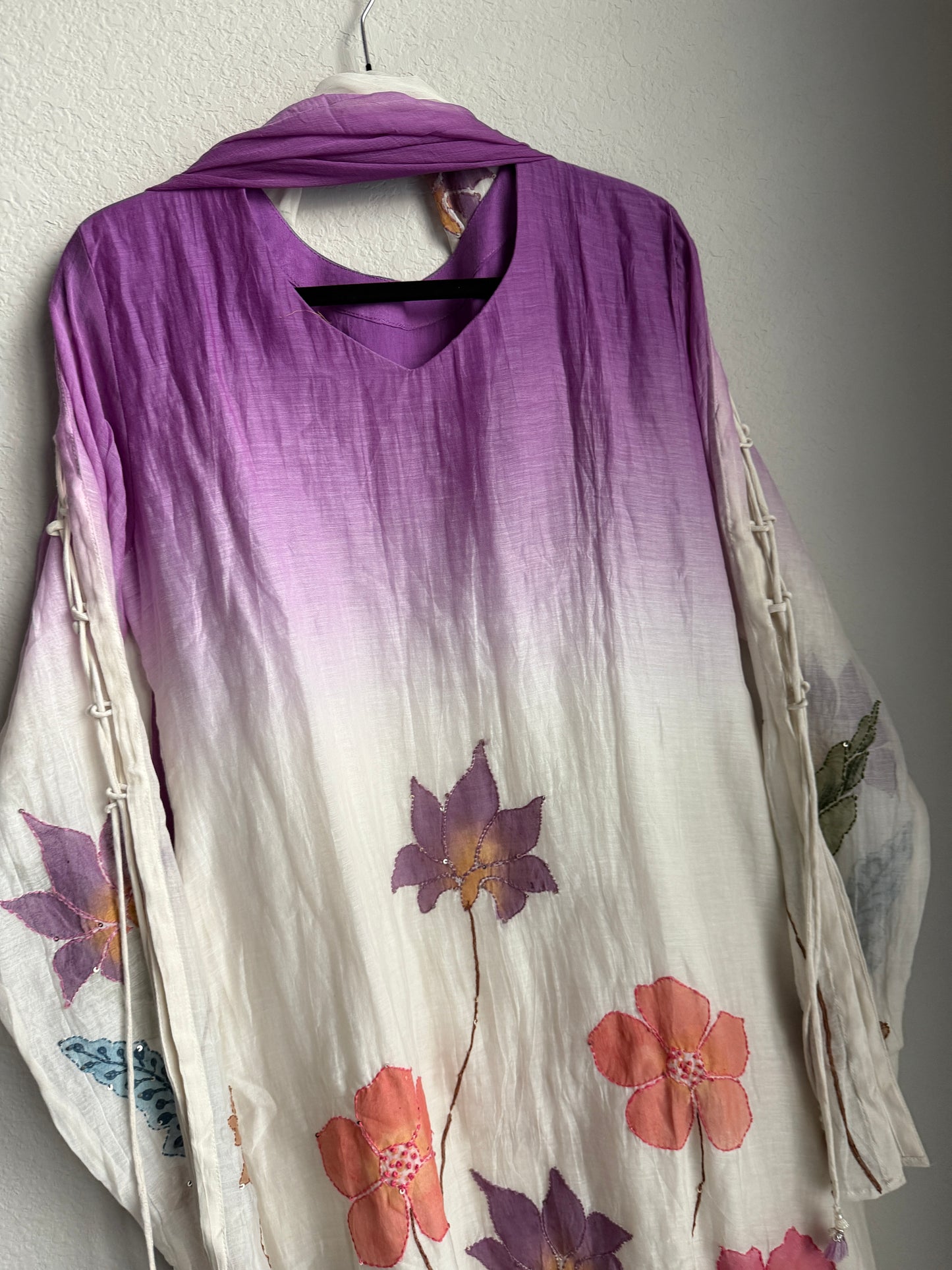 Lavender Mul Chanderi A-Line Kurti Set with Applique Work – Festive Indian Designer Outfit