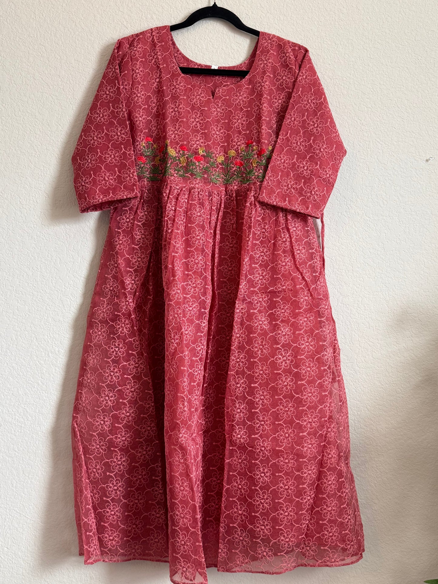 Peach Net Kota Embroidered Frock