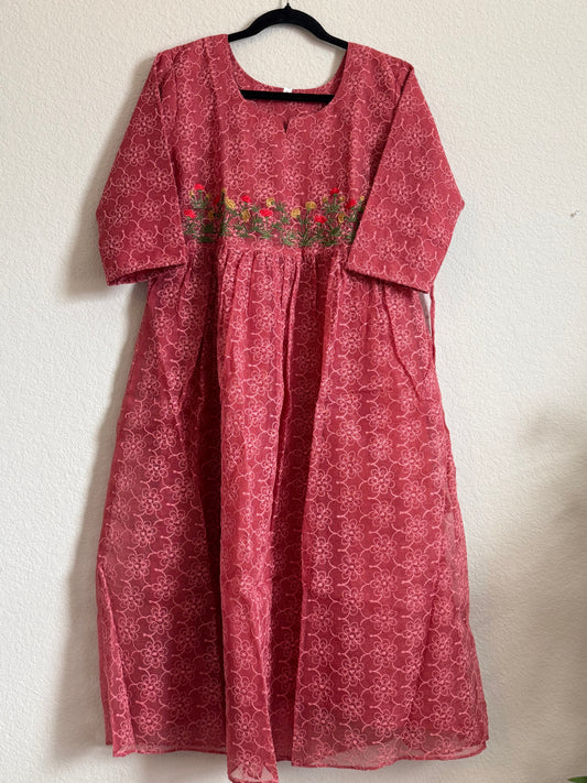 Peach Net Kota Embroidered Frock