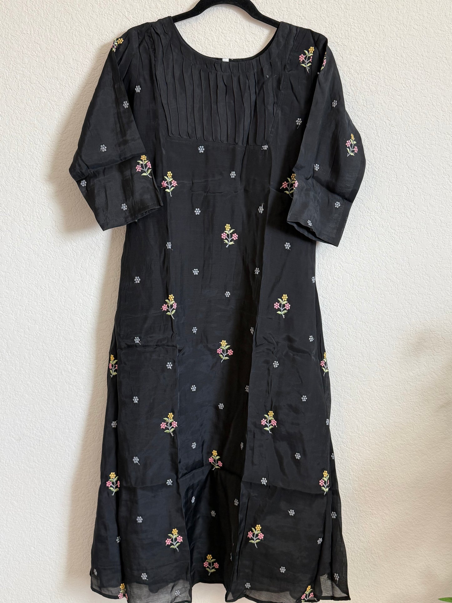 Black Floral Embroidered Mul Chanderi A-line Kurti