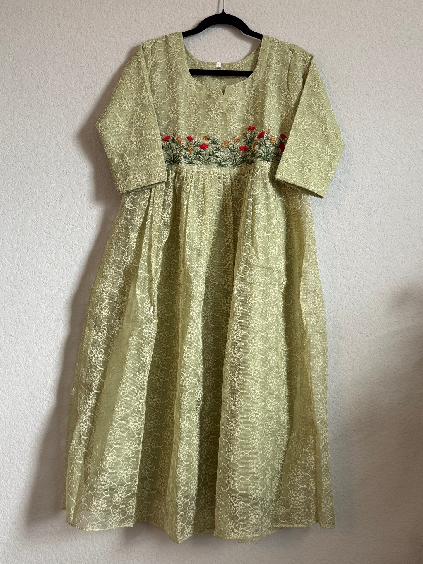 Pista Green Net Kota Embroidered Frock