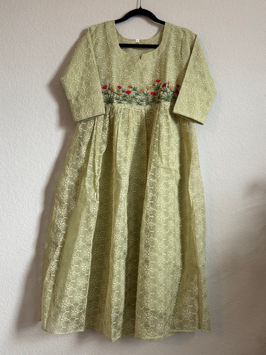 Pista Green Net Kota Embroidered Frock