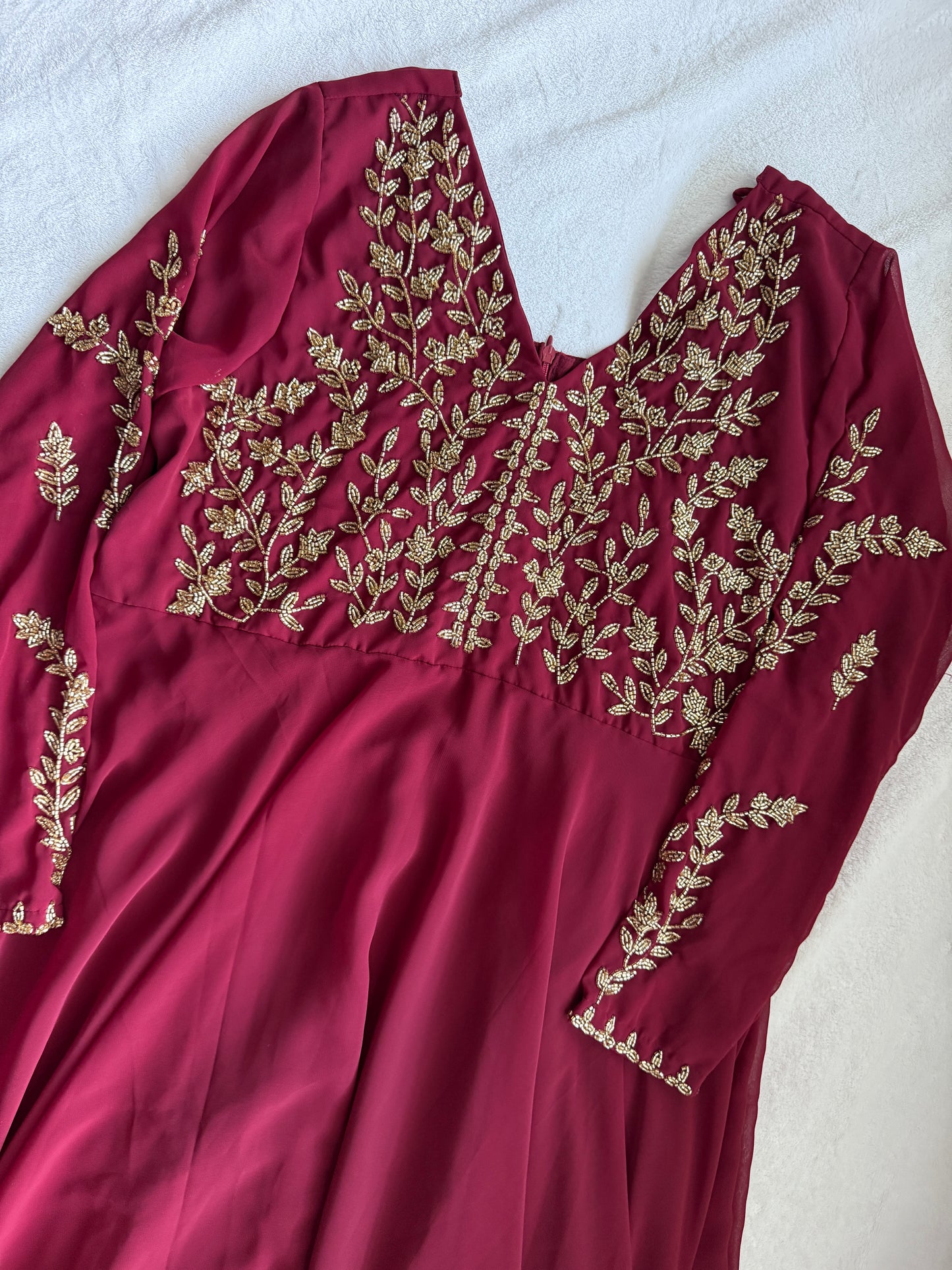 Maroon maggam work georgette heavy flare full sleeve anarkali tunic