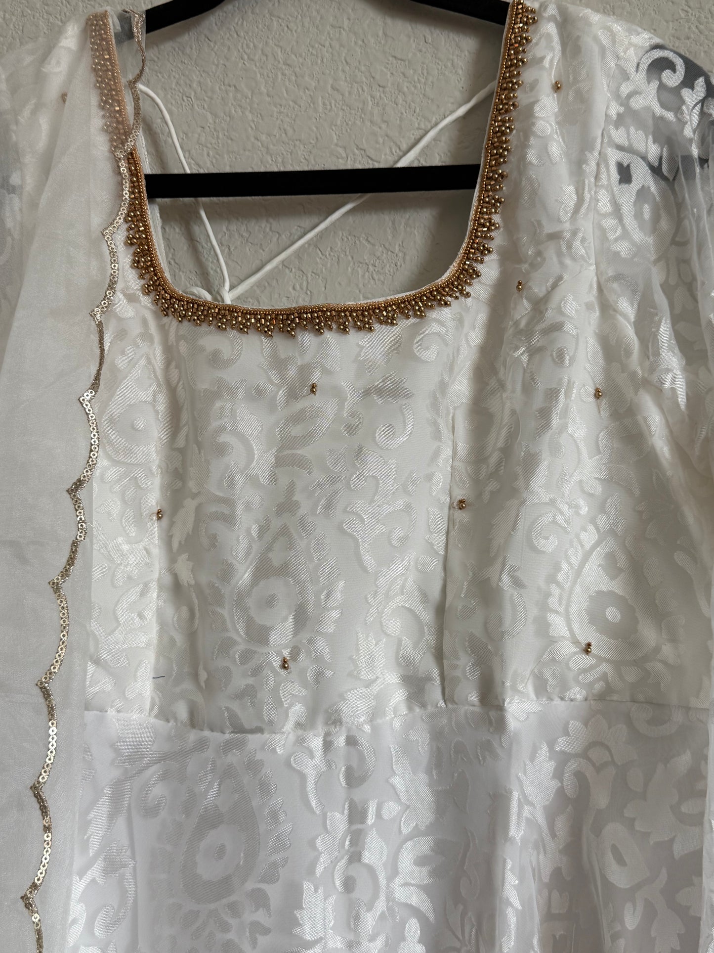 White Brasso Heavy Flared Full Sleevel Anarkali Set - Top with Dupatta