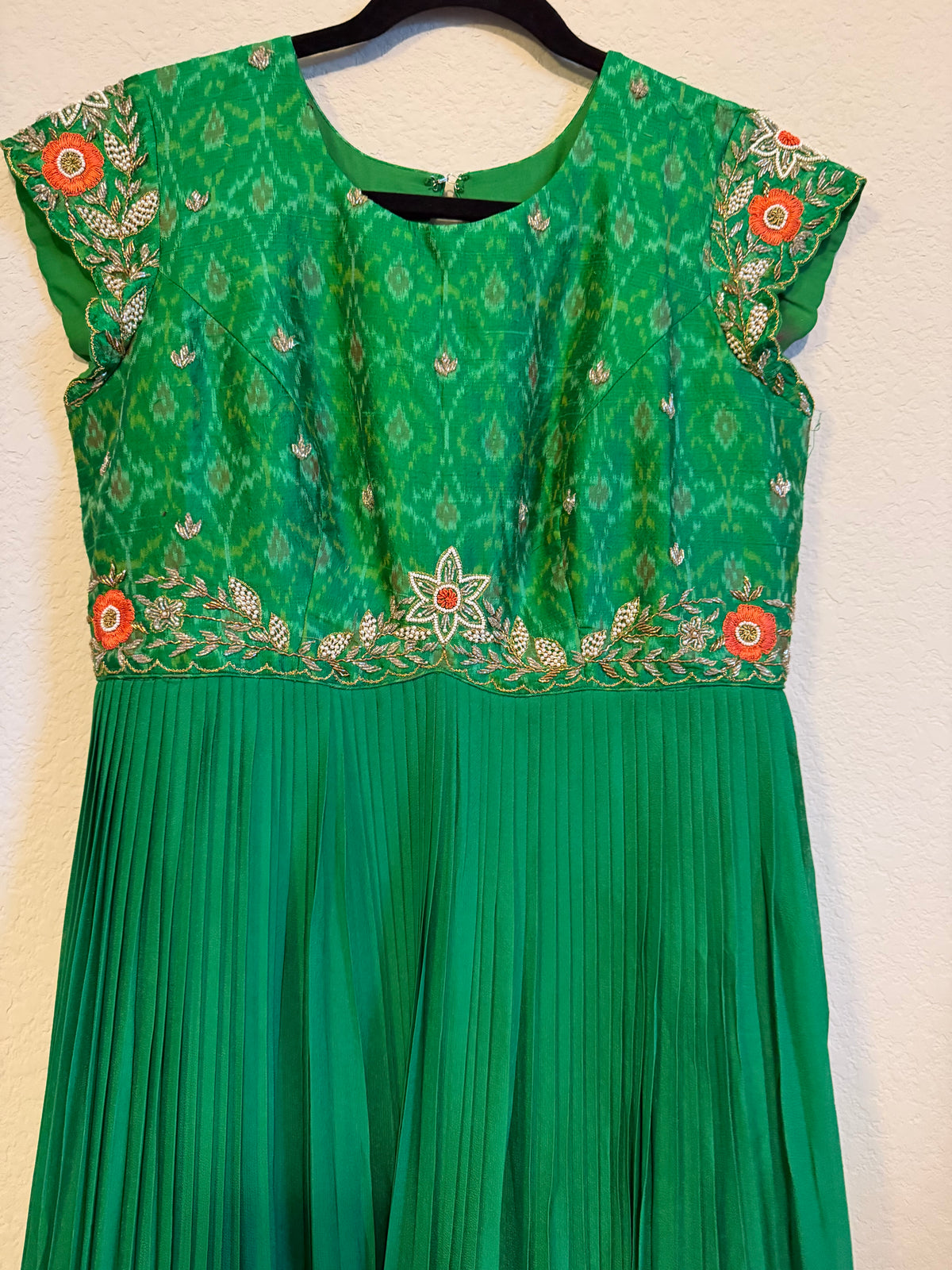Green Raw Silk Ikkath Maggam Work Designer Long Dress with Short Sleeve