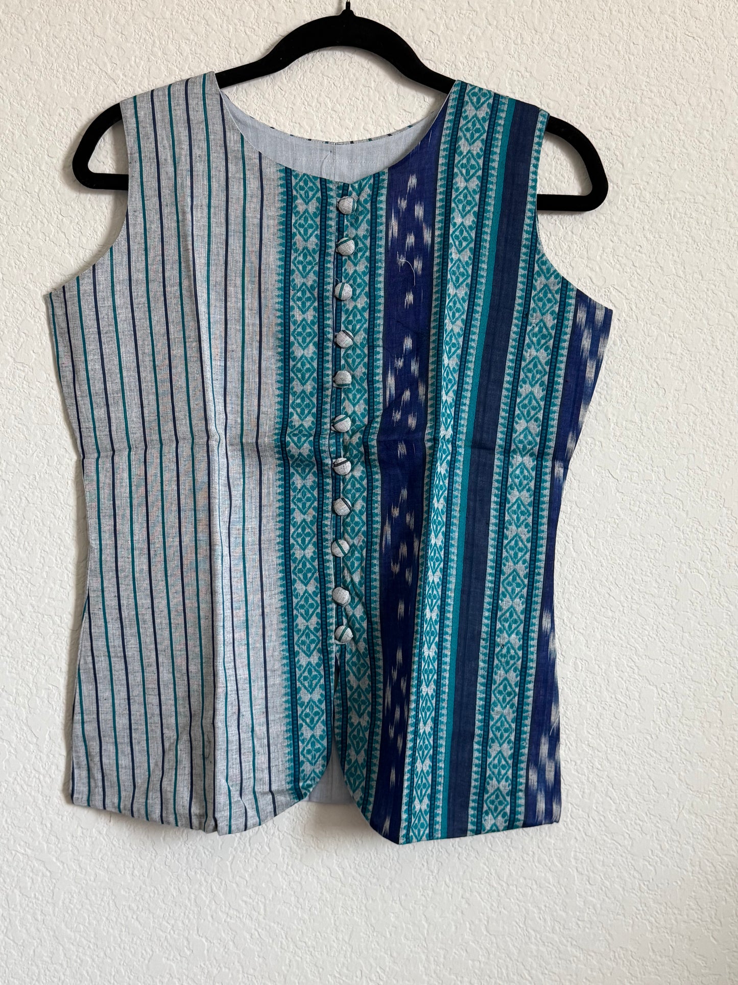 Gray and Blue Cotton Ikkath Sleeveless Short Top