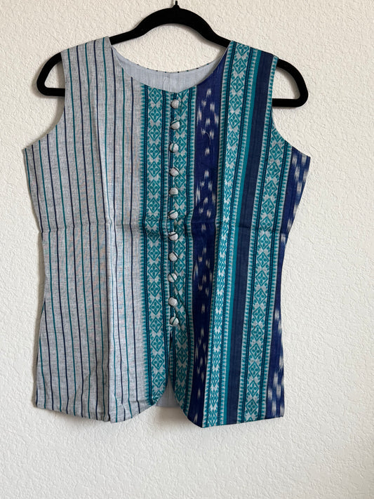 Gray and Blue Cotton Ikkath Sleeveless Short Top