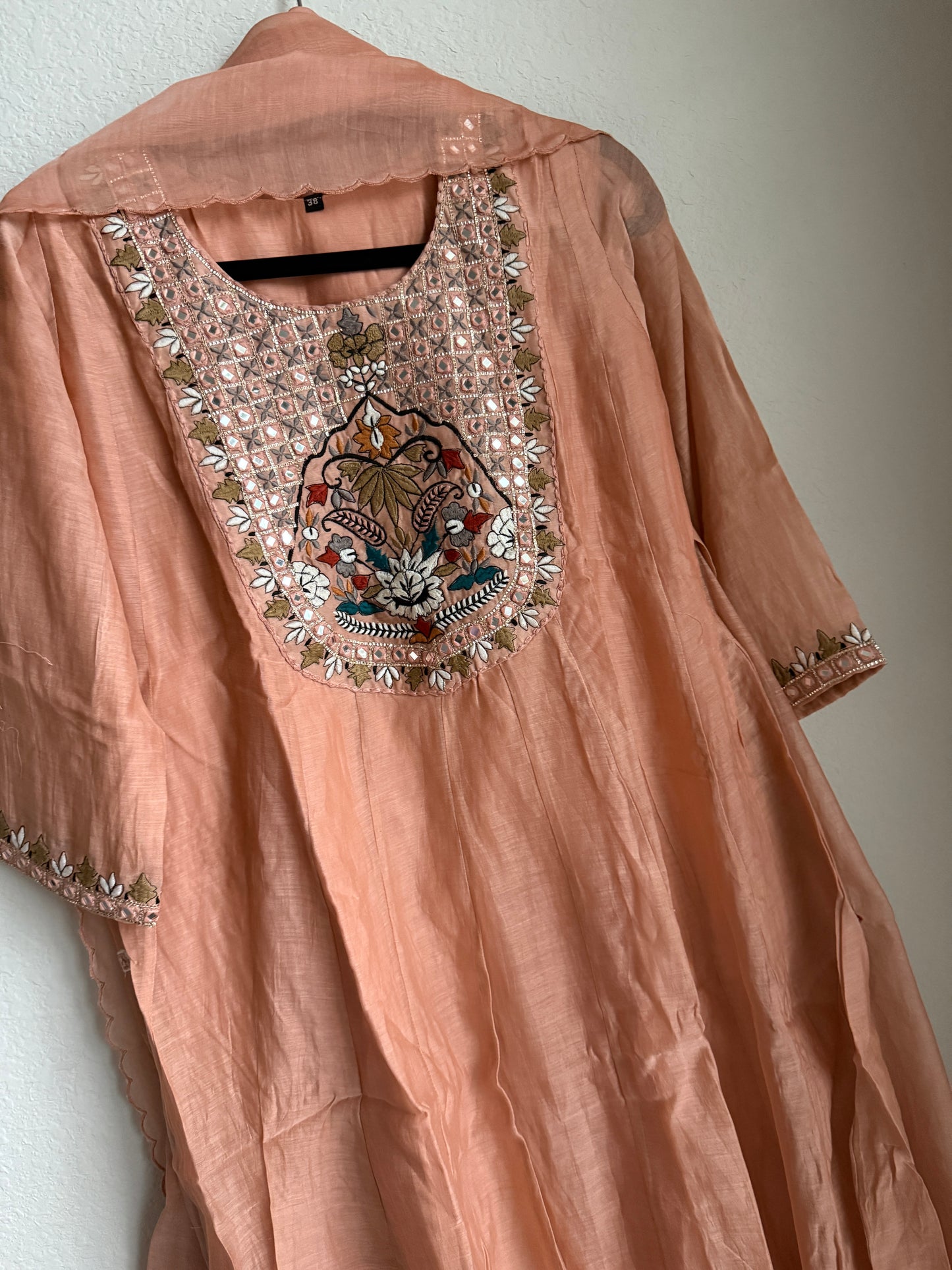 Peach shade pure mul chanderi embroidered anarkali set