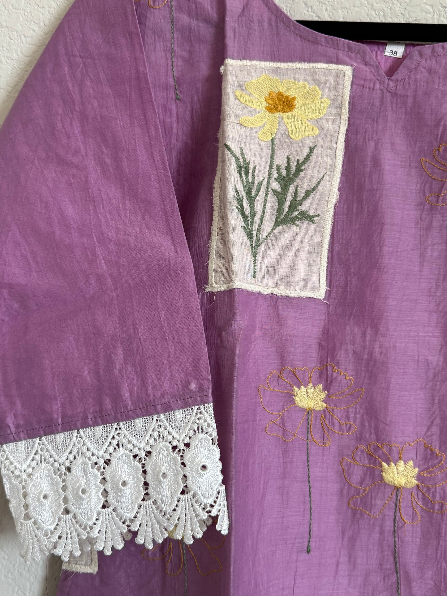Lavendar Mul Chanderi Straight Cut Kurti - Lace Sleeves Pattern