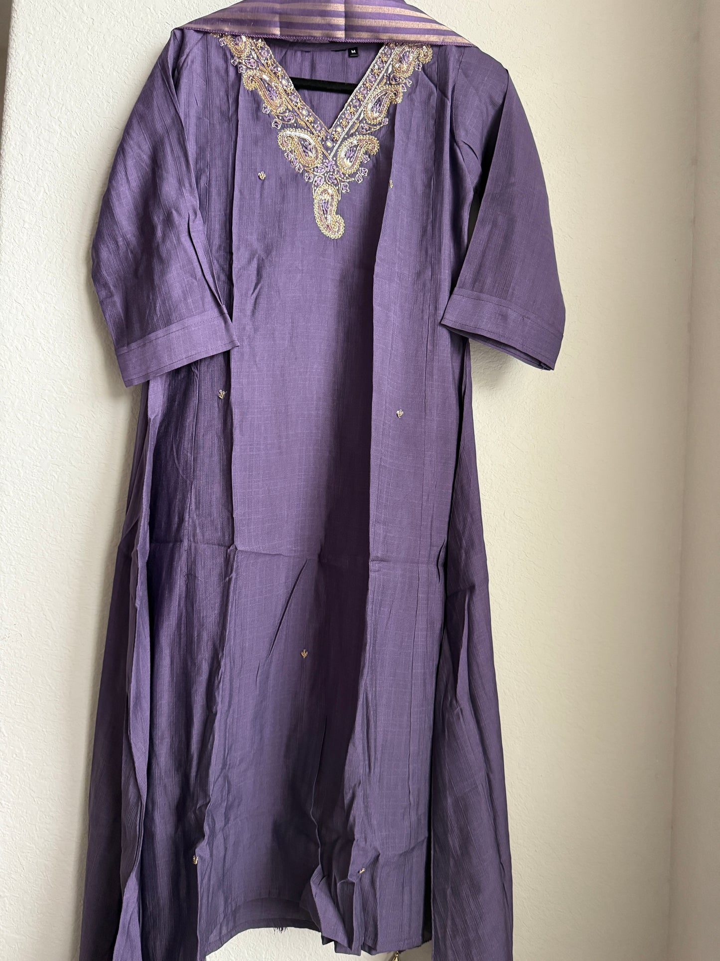 Purple shade vatican silk handwork anarkali kurti set with floral dupatta
