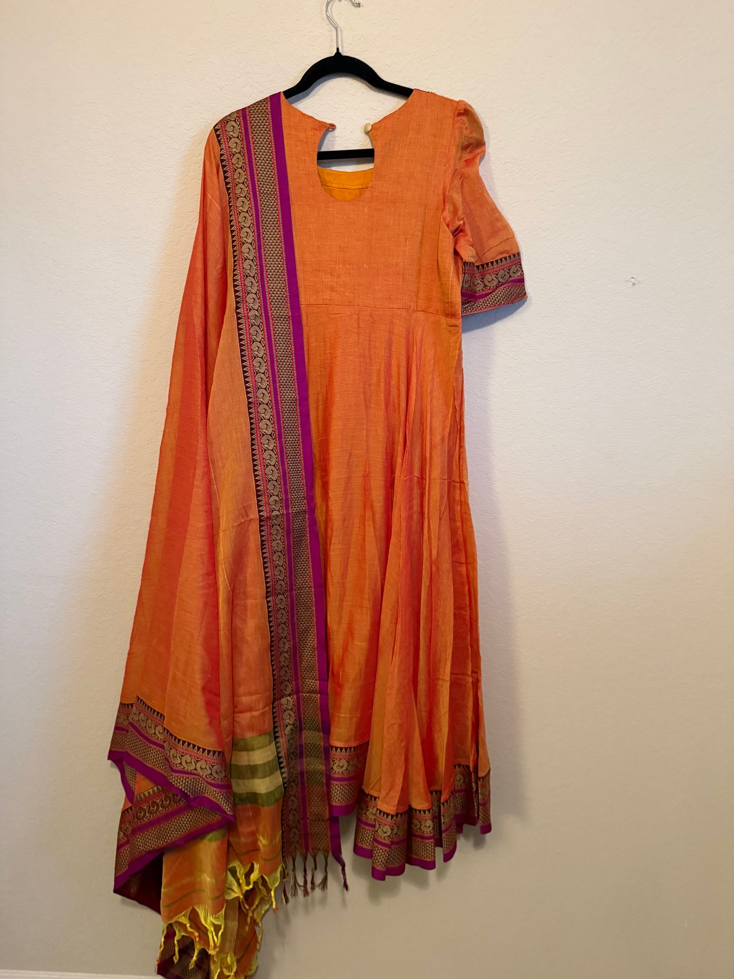 Orange Narayanpet Maggam Work Anarkali with Dupatta