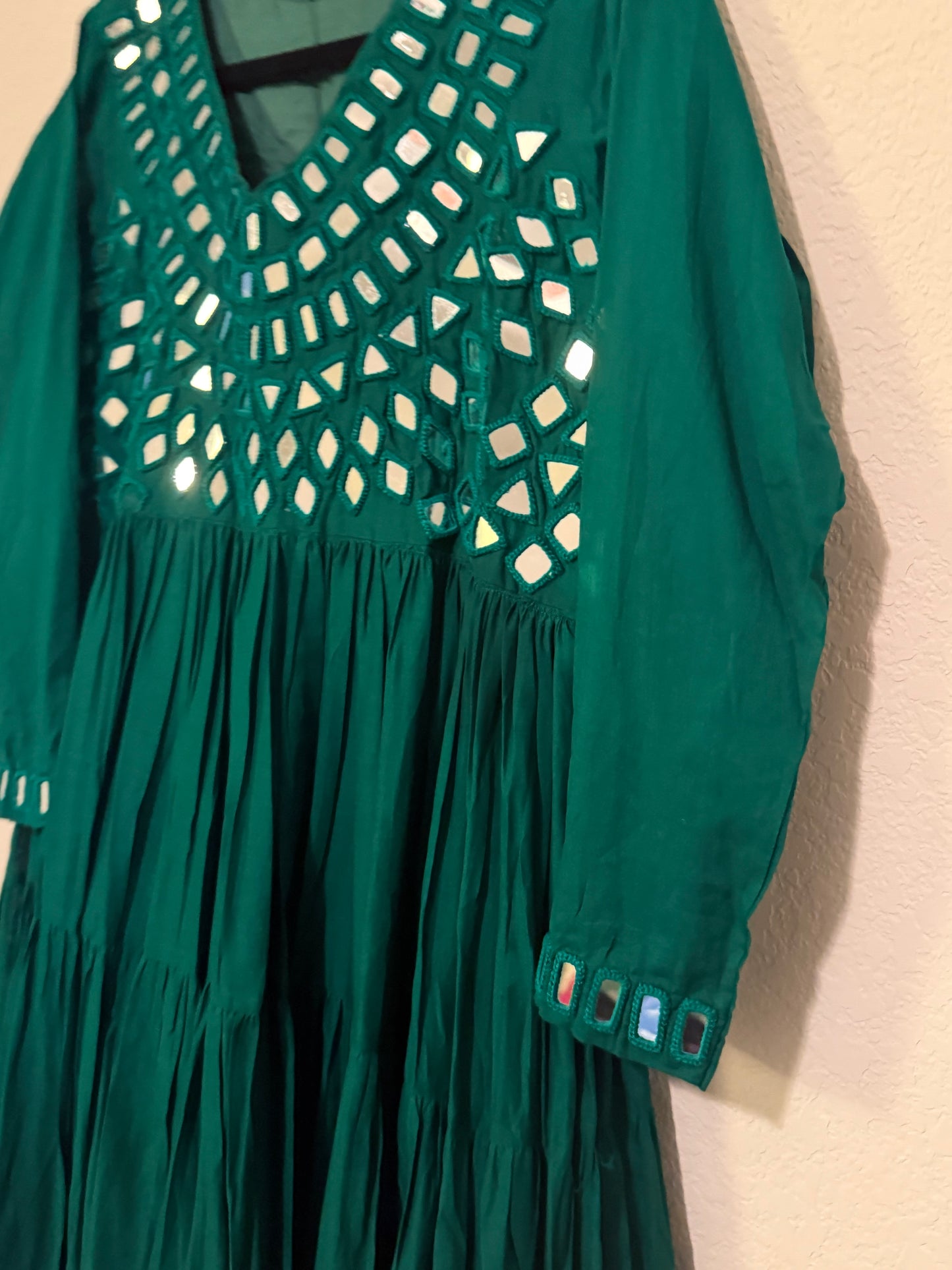Green Handwork Mirror Work Heavy Flared Anarkali Long Dress