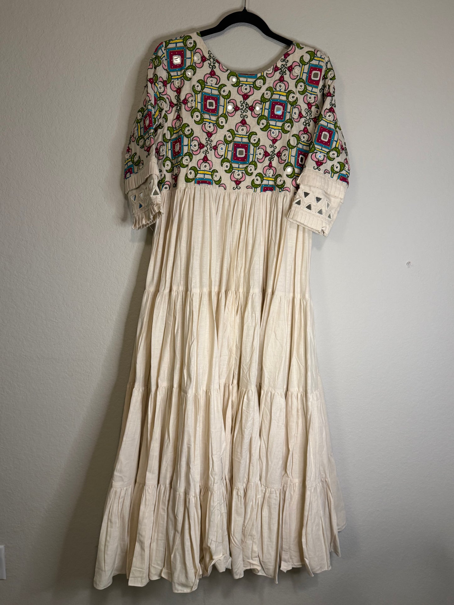 White Handwork Mirror Work Heavy Flared Anarkali Long Dress