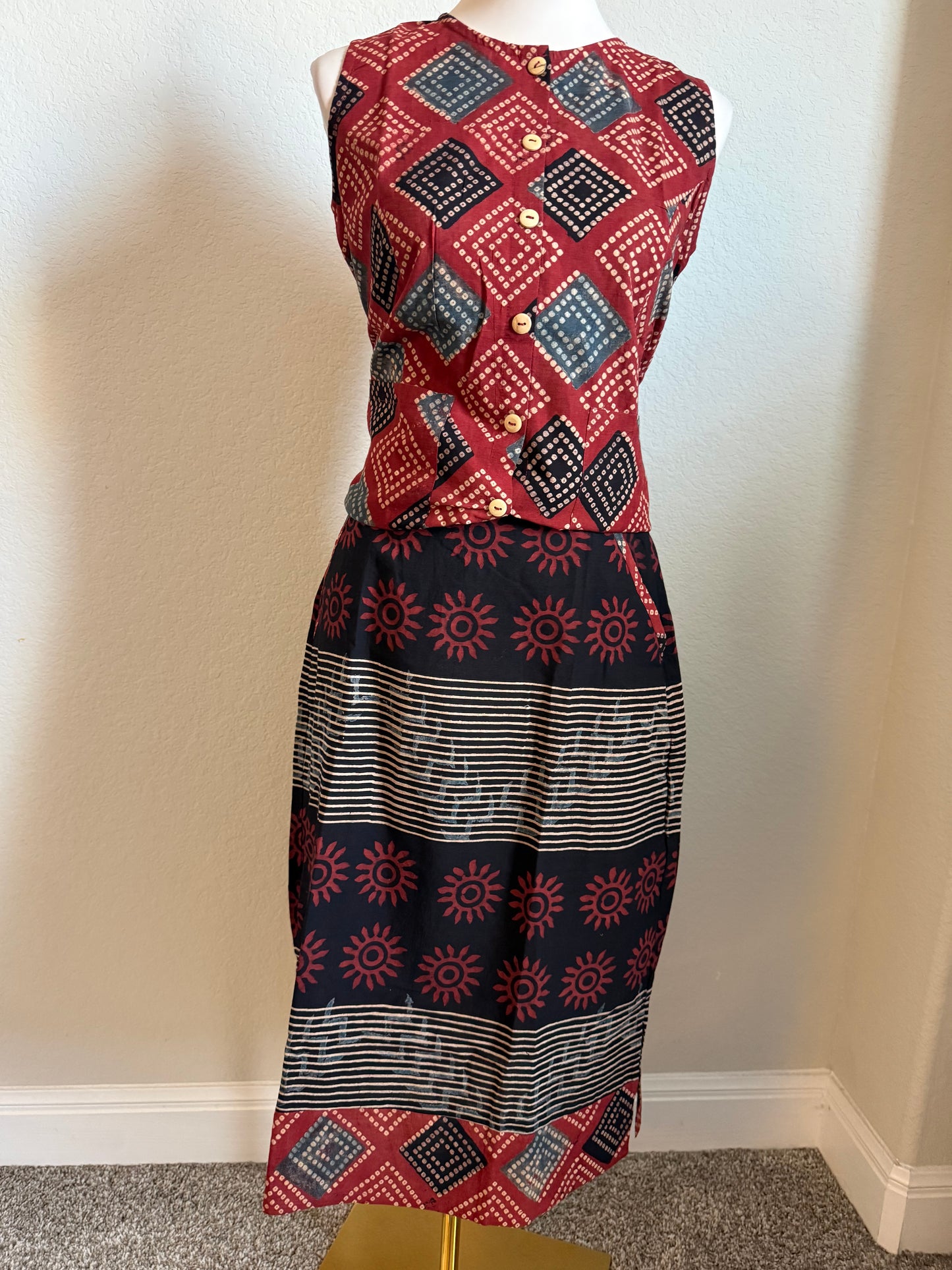 Maroon and Black Cotton Top with Cotton Skirt