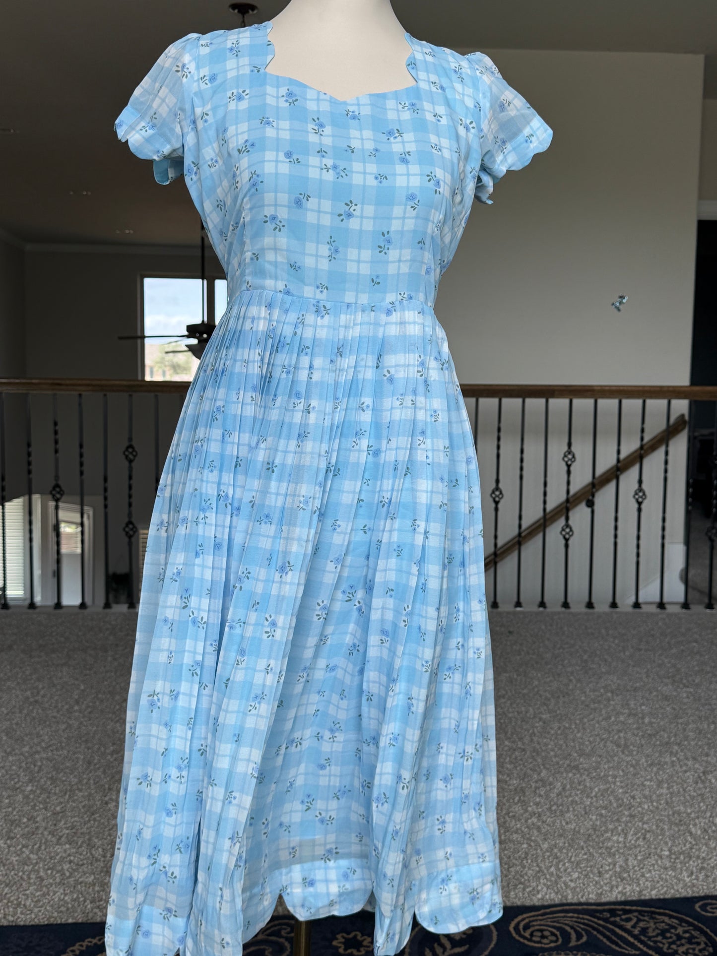 Blue Floral Checks Georgette scallop style frock with short scallop sleeve