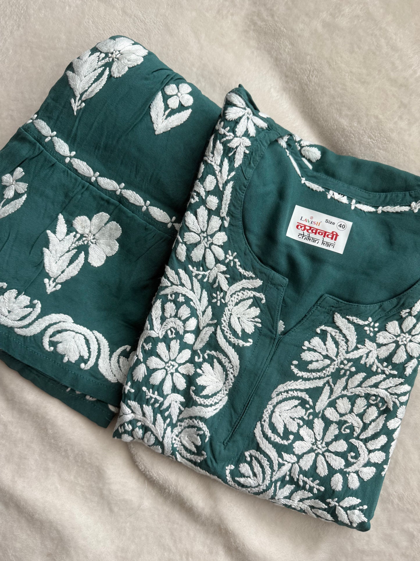 Green Rayon Chikankari Gharara Set - Top with Gharara Pant