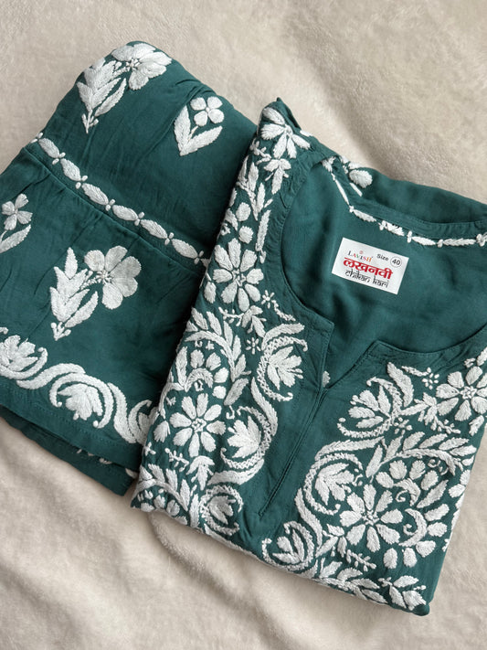 Green Rayon Chikankari Gharara Set - Top with Gharara Pant