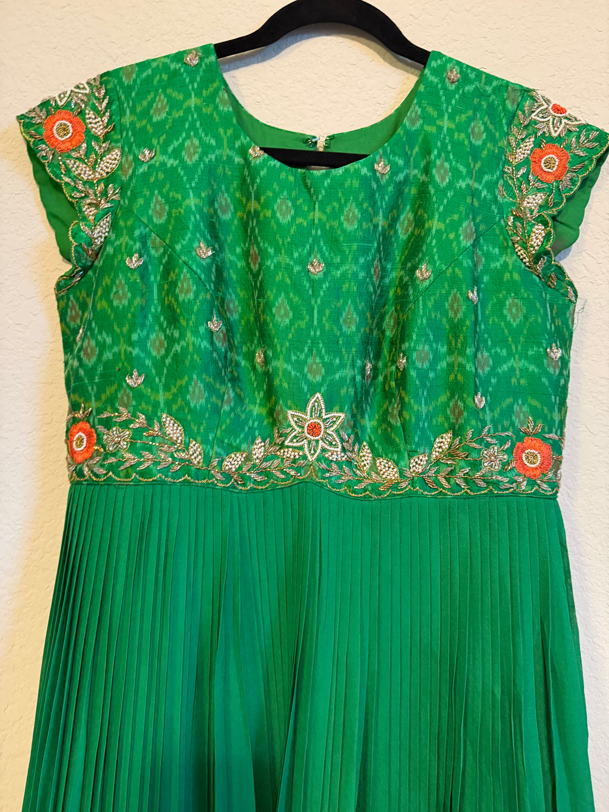 Green Raw Silk Ikkath Maggam Work Designer Long Dress with Short Sleeve