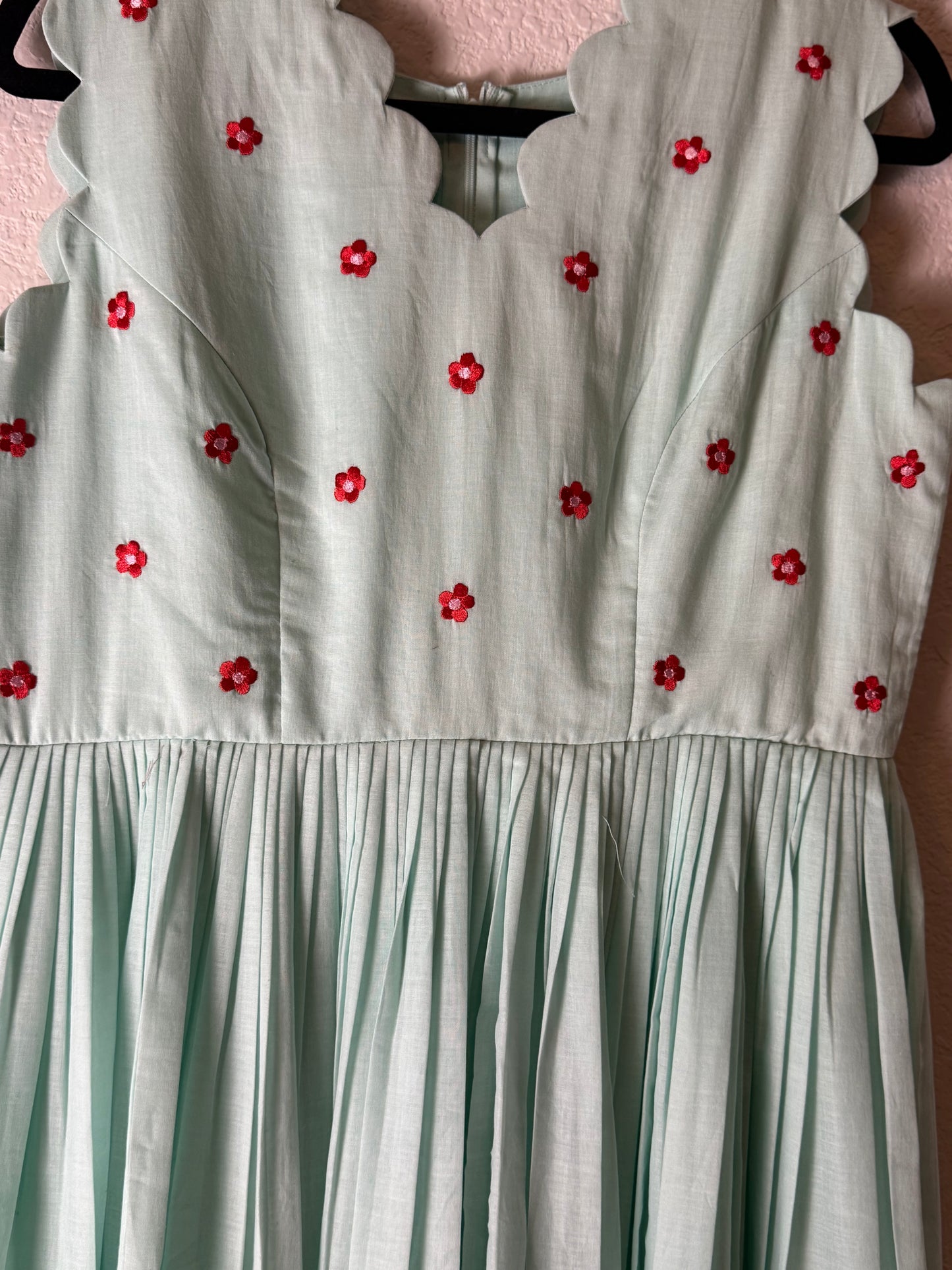 Sea Green Mul Cotton Scalloped Sleeveless Dress