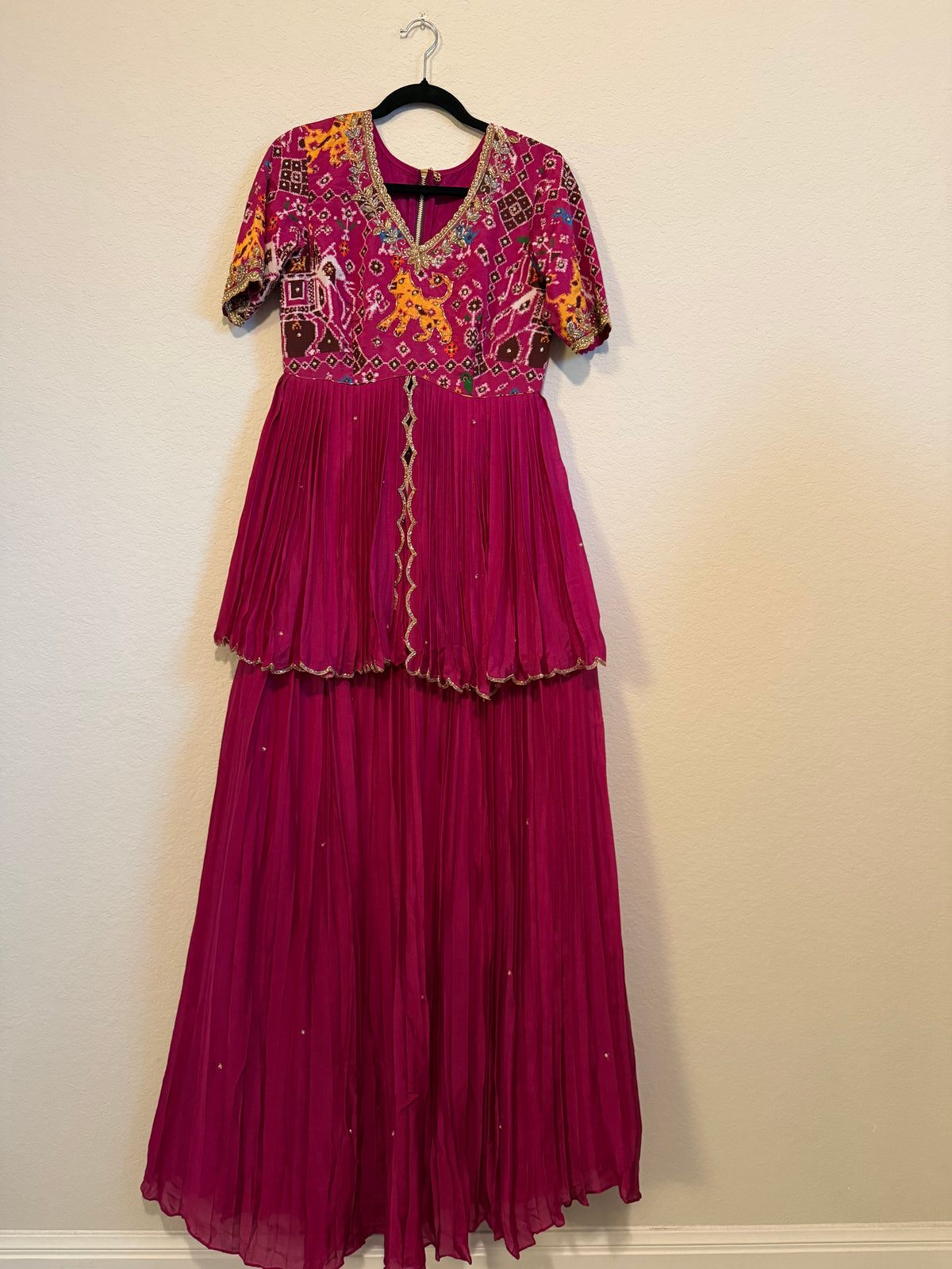 Magenta Orange Pure Patola Peplum Top with Skirt Set