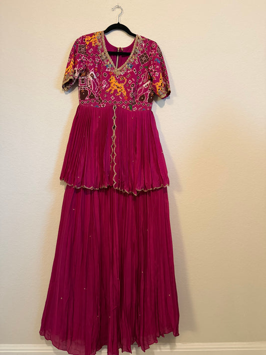 Magenta Orange Pure Patola Peplum Top with Skirt Set