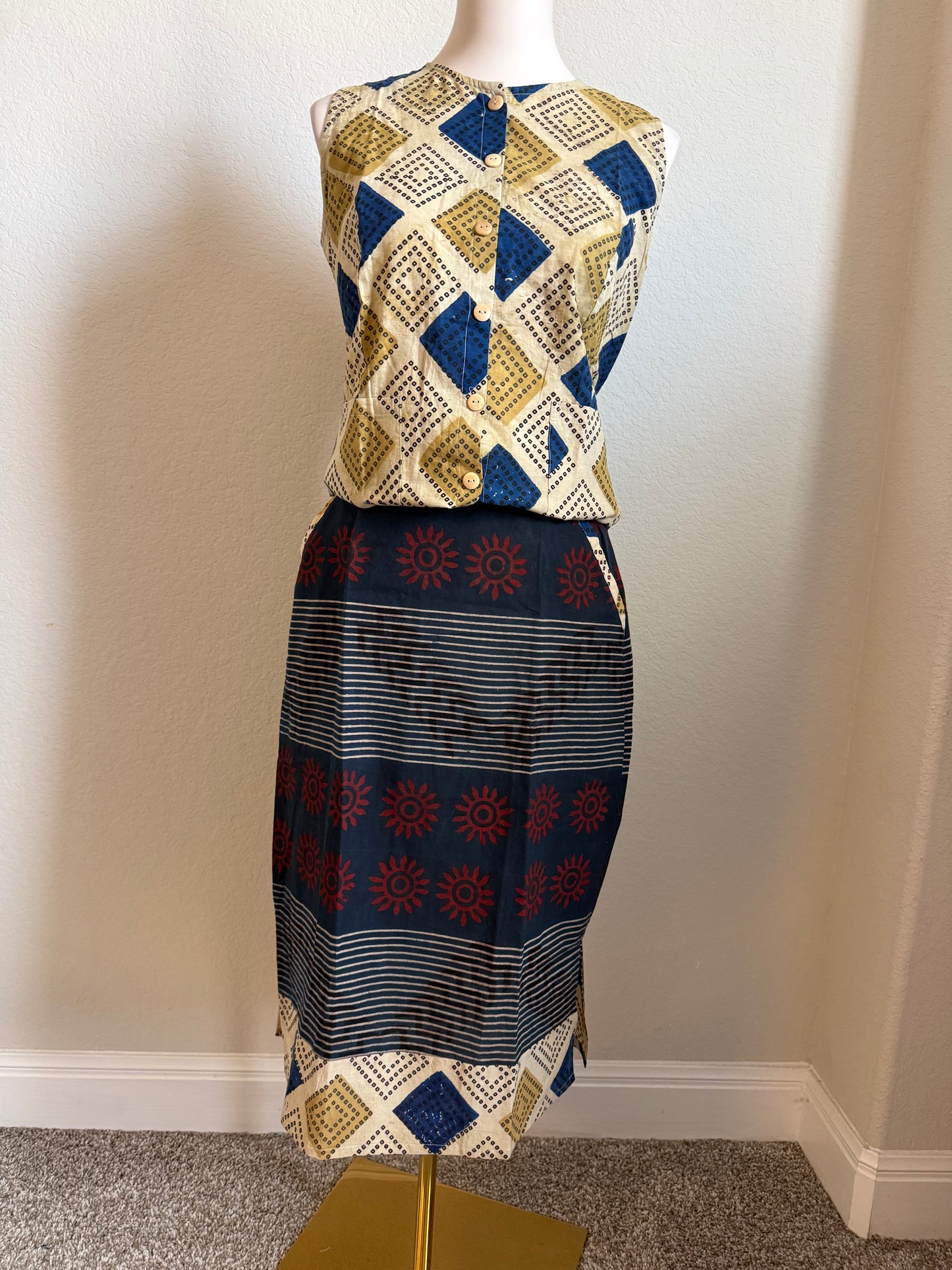 Biege and Blue Cotton Top with Cotton Skirt