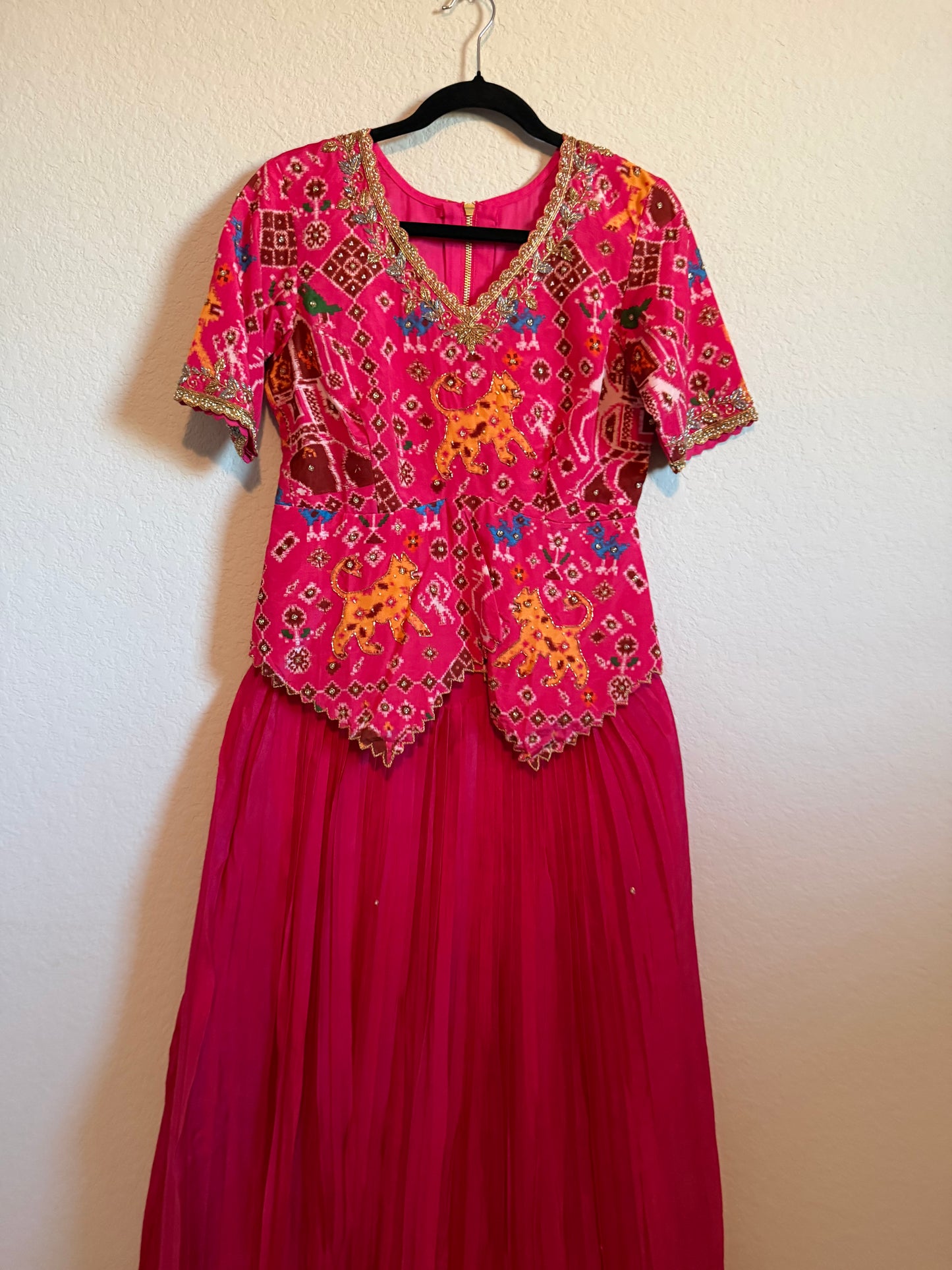 Pink Pure Patola Diamond Cut Pattern Peplum Top with Skirt Set