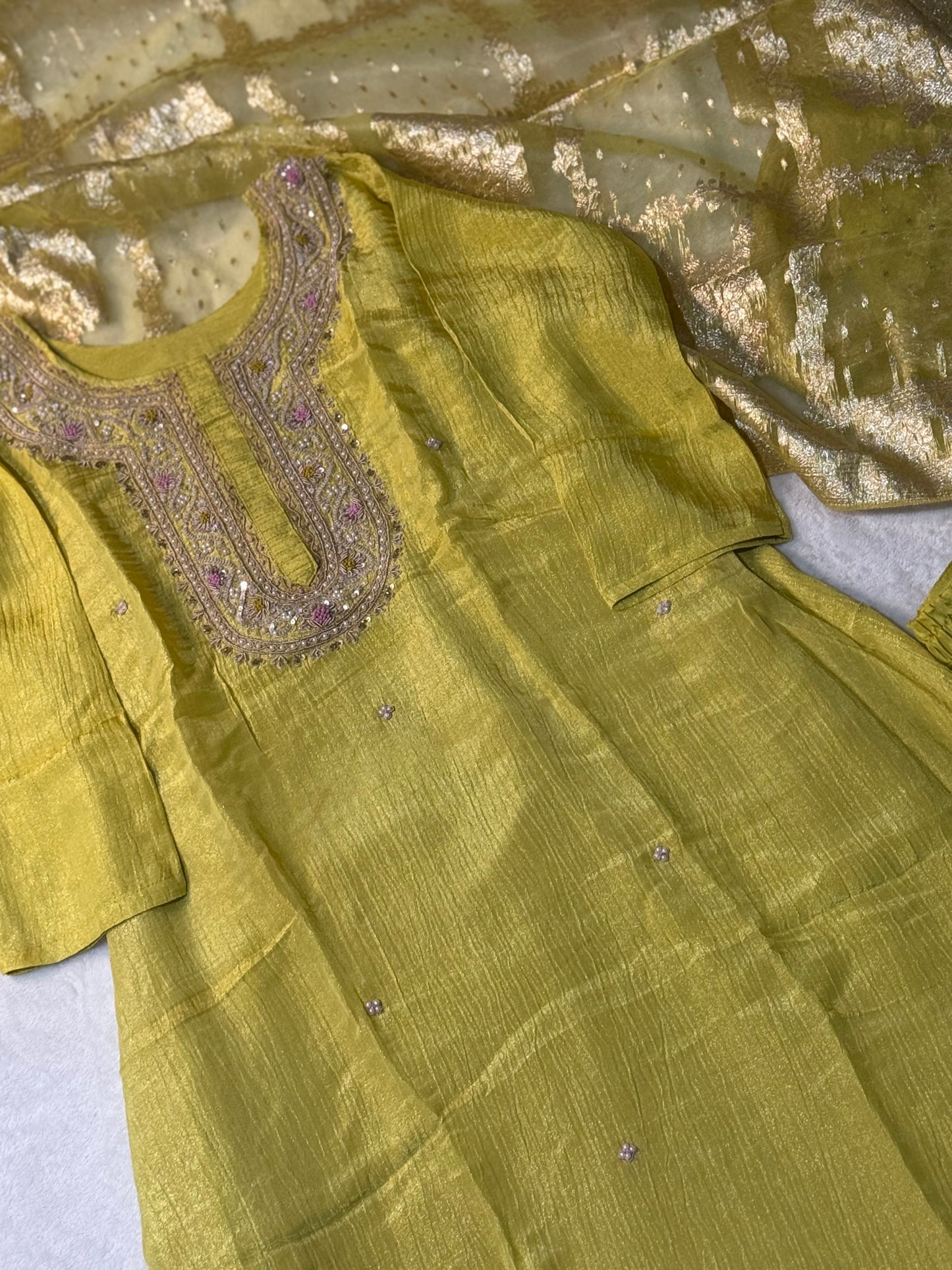 Beautiful yellow shade crush tissue kurti set with banaras dupatta