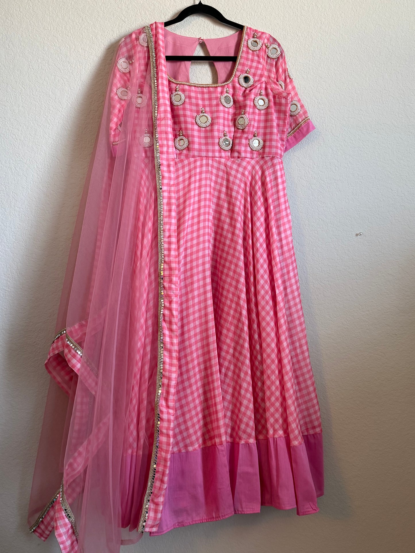 Light Pink checks heavy mirror work anarkali set - top with dupatta