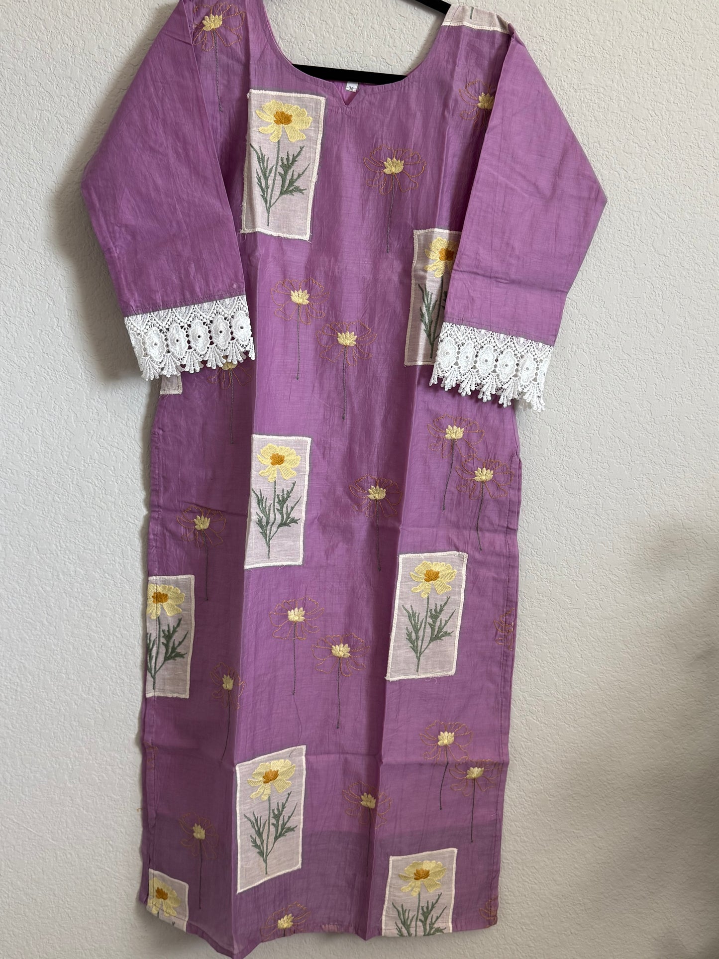 Lavendar Mul Chanderi Straight Cut Kurti - Lace Sleeves Pattern