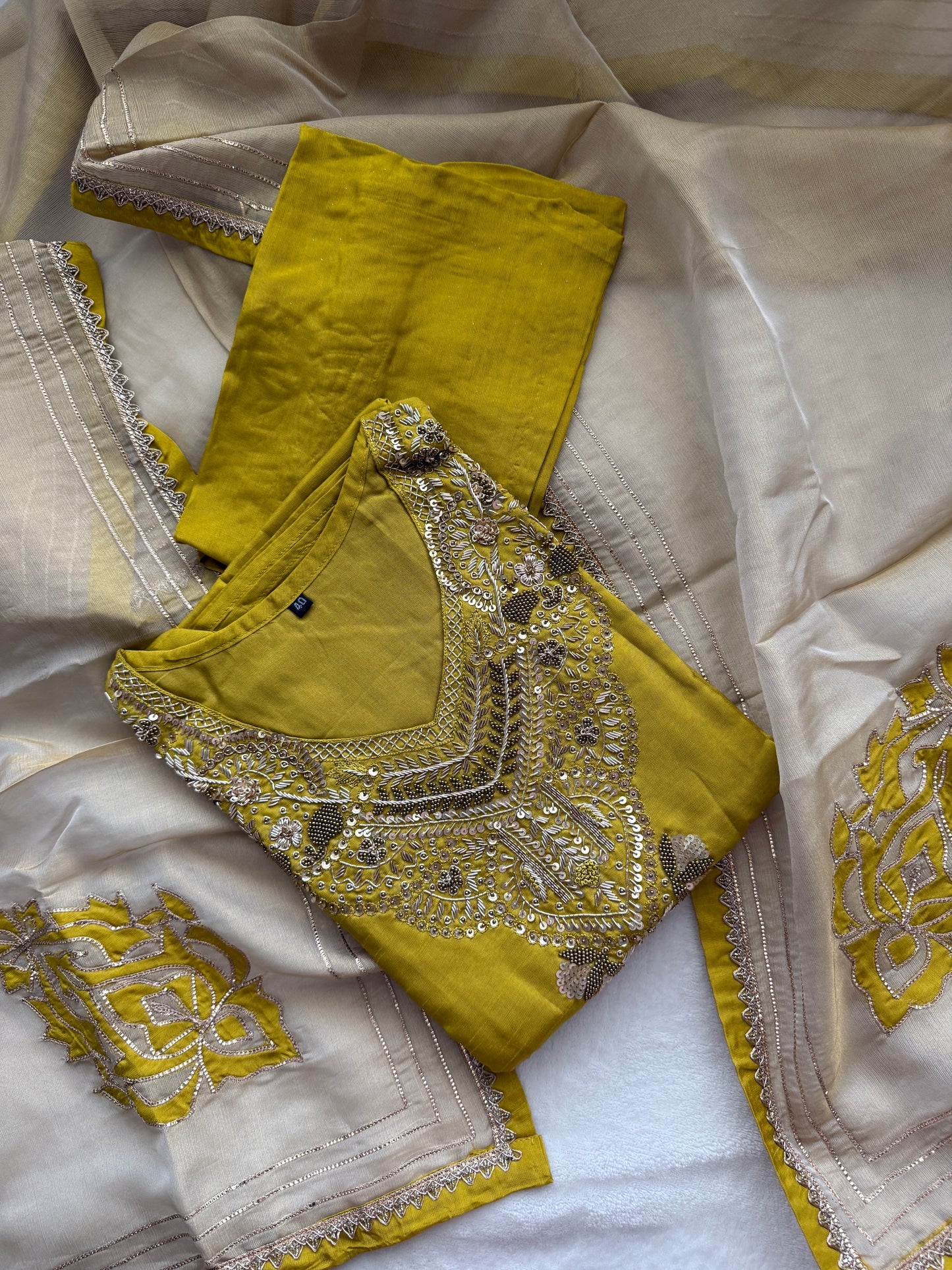 Mehendi green designer handwork straight cut partywear suit set