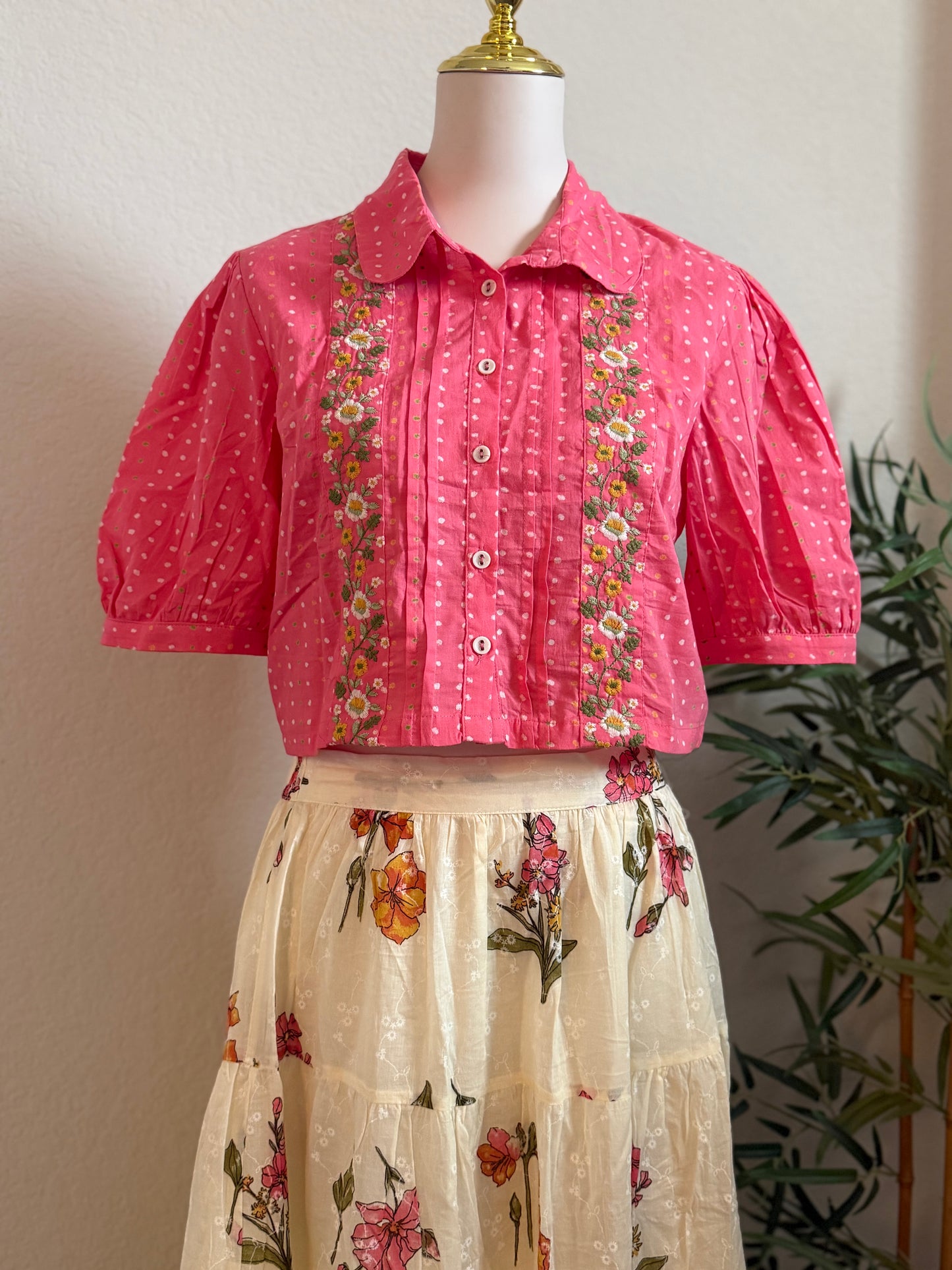 Pink crop top with white floral skirt