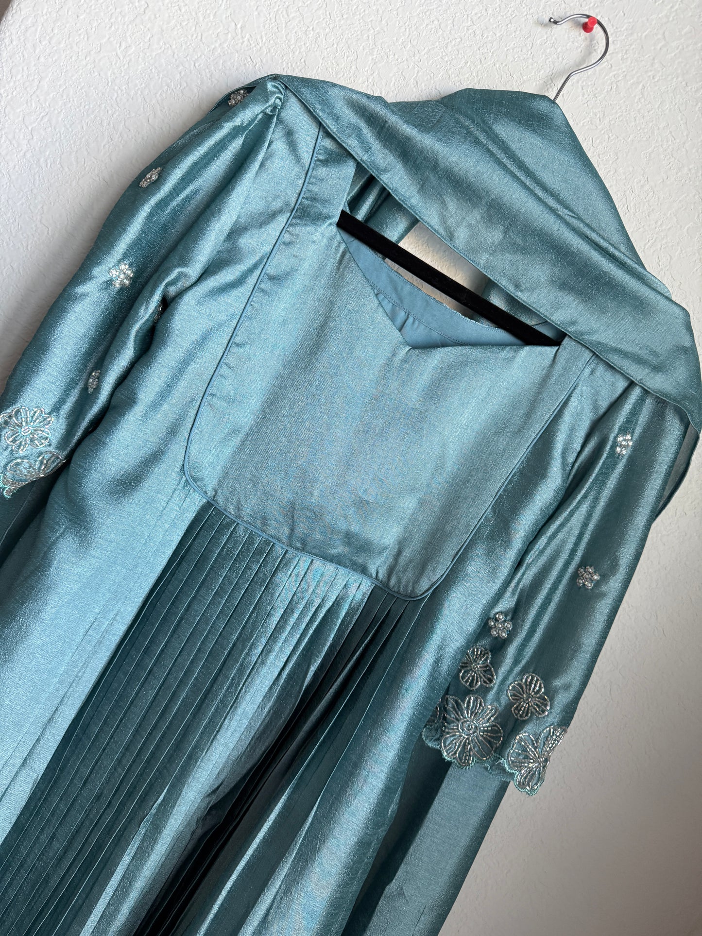 Green shade blooming silk handwork pleated anarkali set