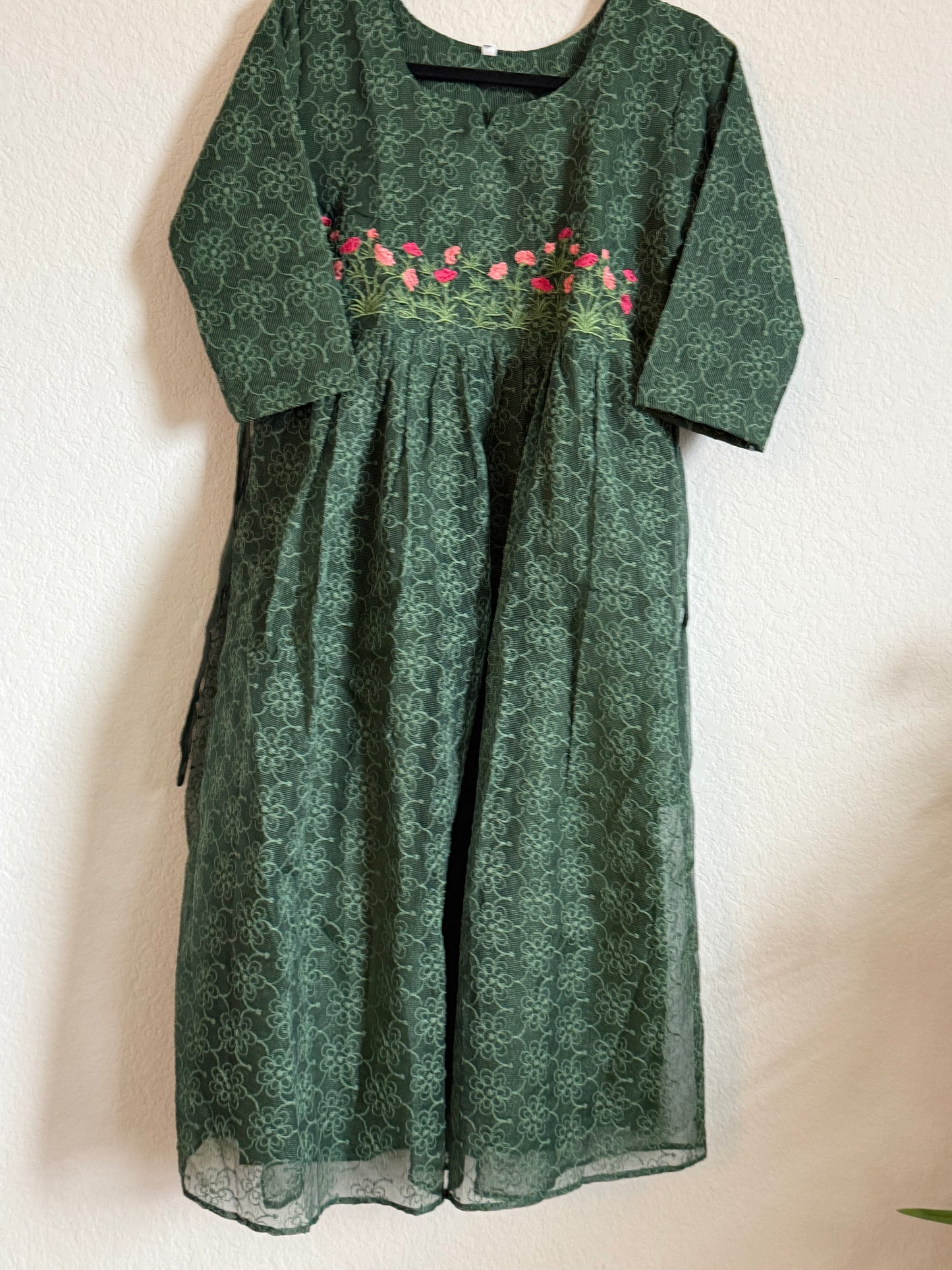 Bottle Green Net Kota Embroidered Frock