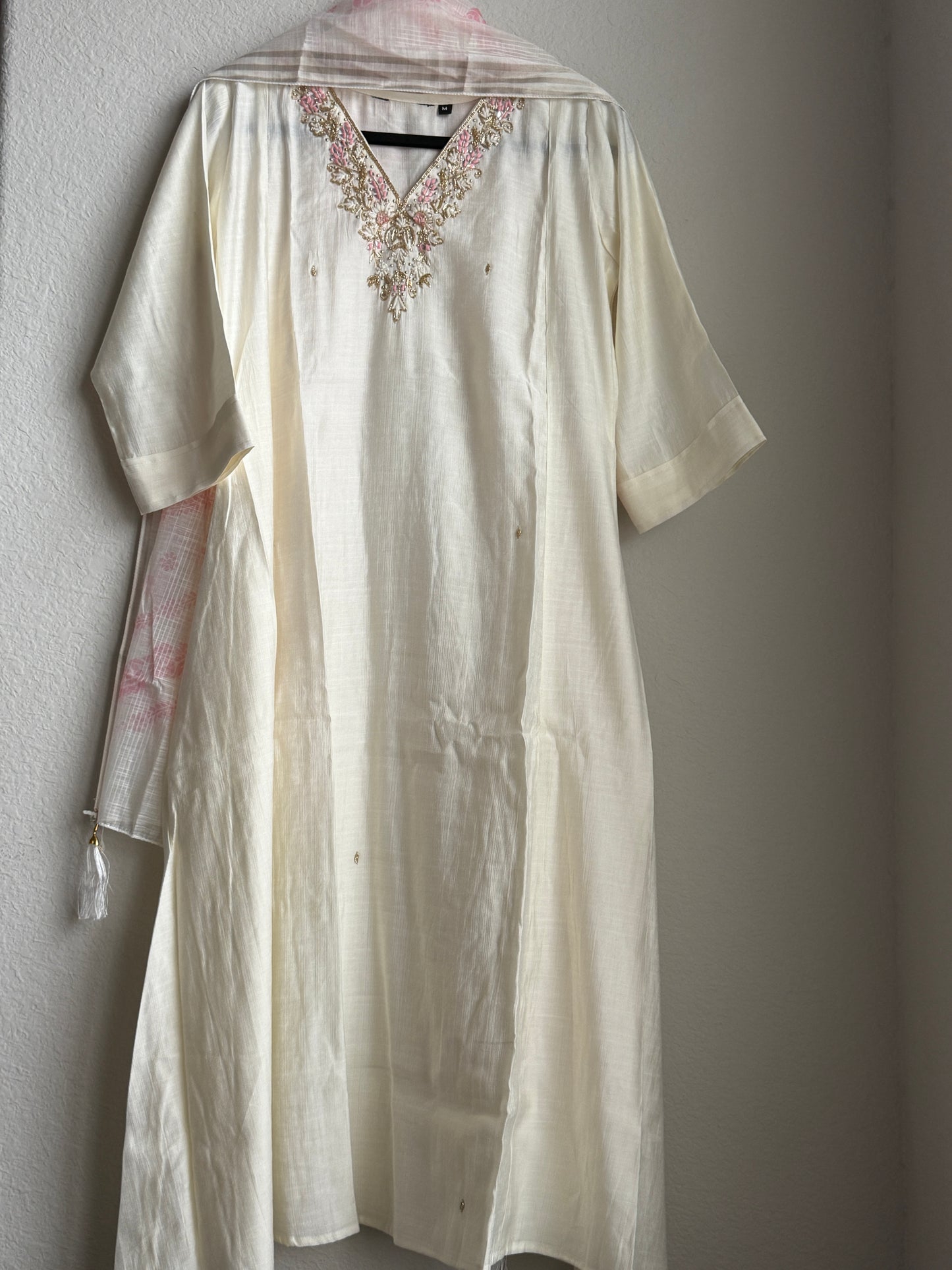 Ivory shade vatican silk handwork anarkali kurti set with floral dupatta