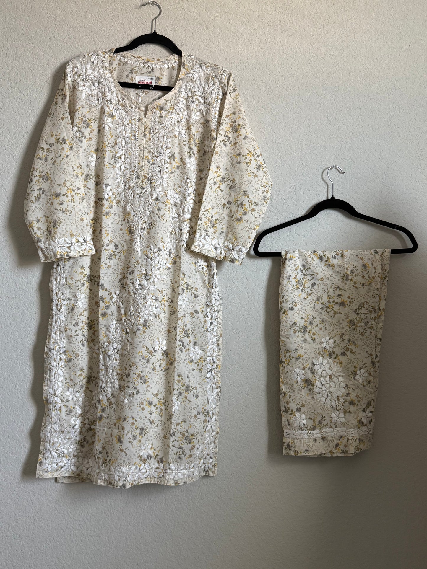 Yellow Floral Printed Cotton Chikankari Coord Set - Top with Palazzo