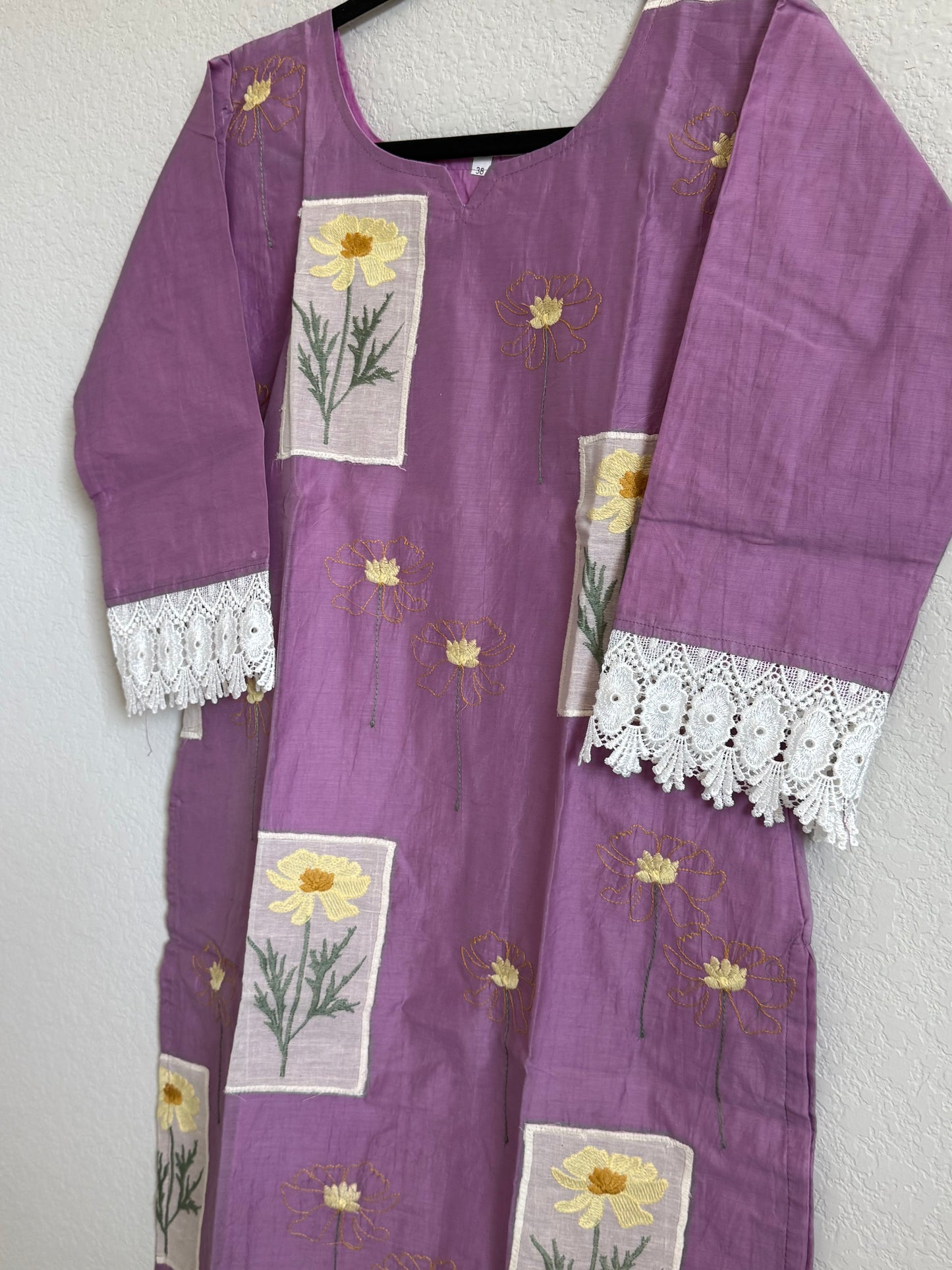 Lavendar Mul Chanderi Straight Cut Kurti - Lace Sleeves Pattern