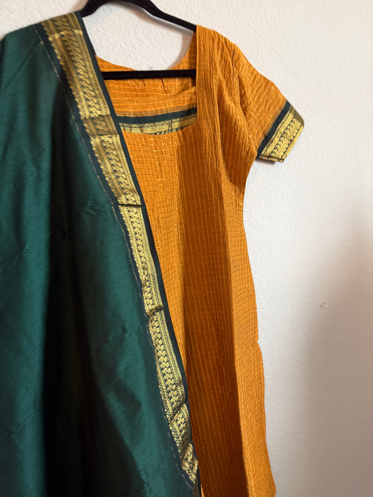 Yellow with Green Handloom Checks Top and Dupatta Set