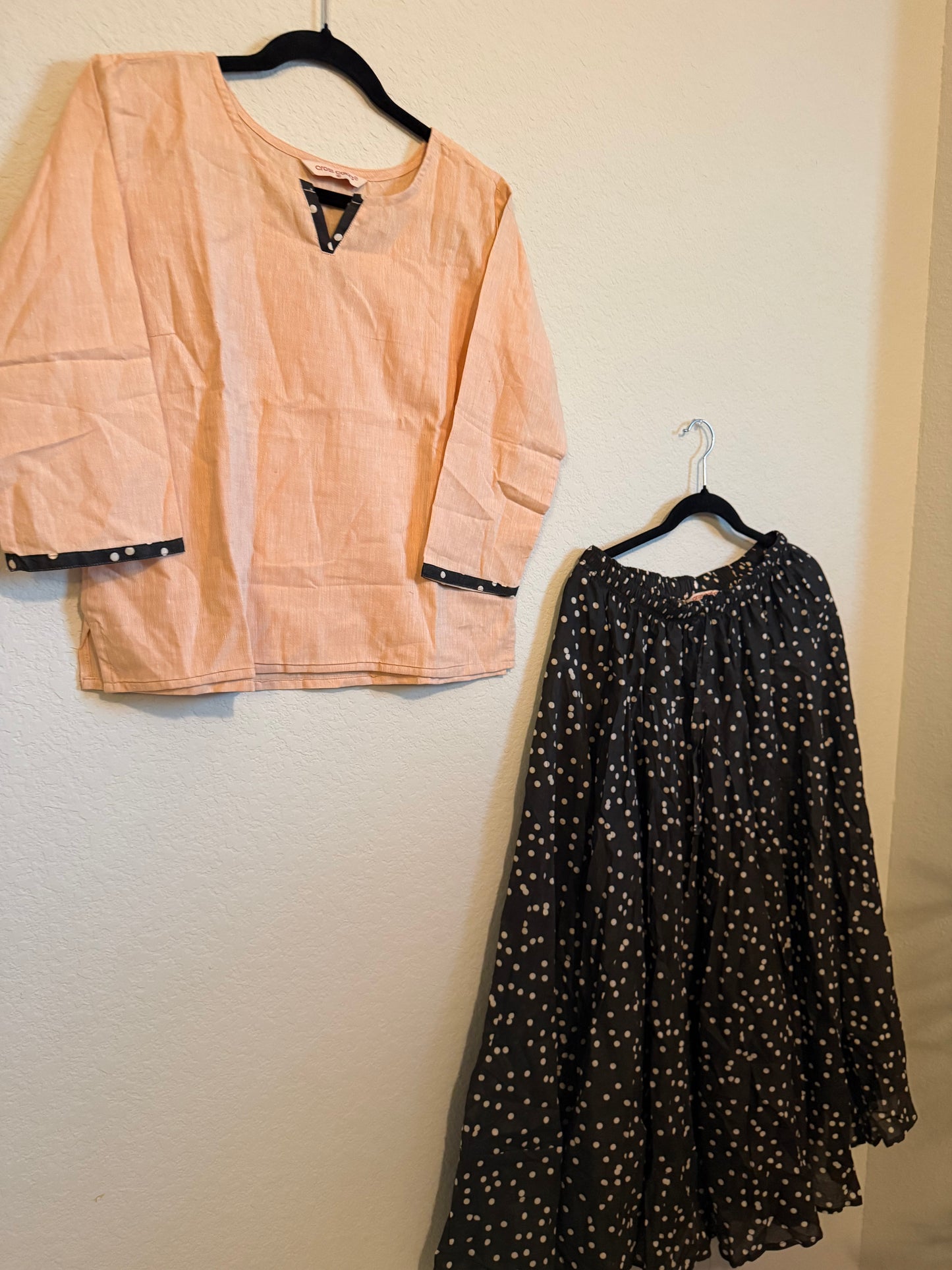 Black cotton polka dot skirt with biege top - set