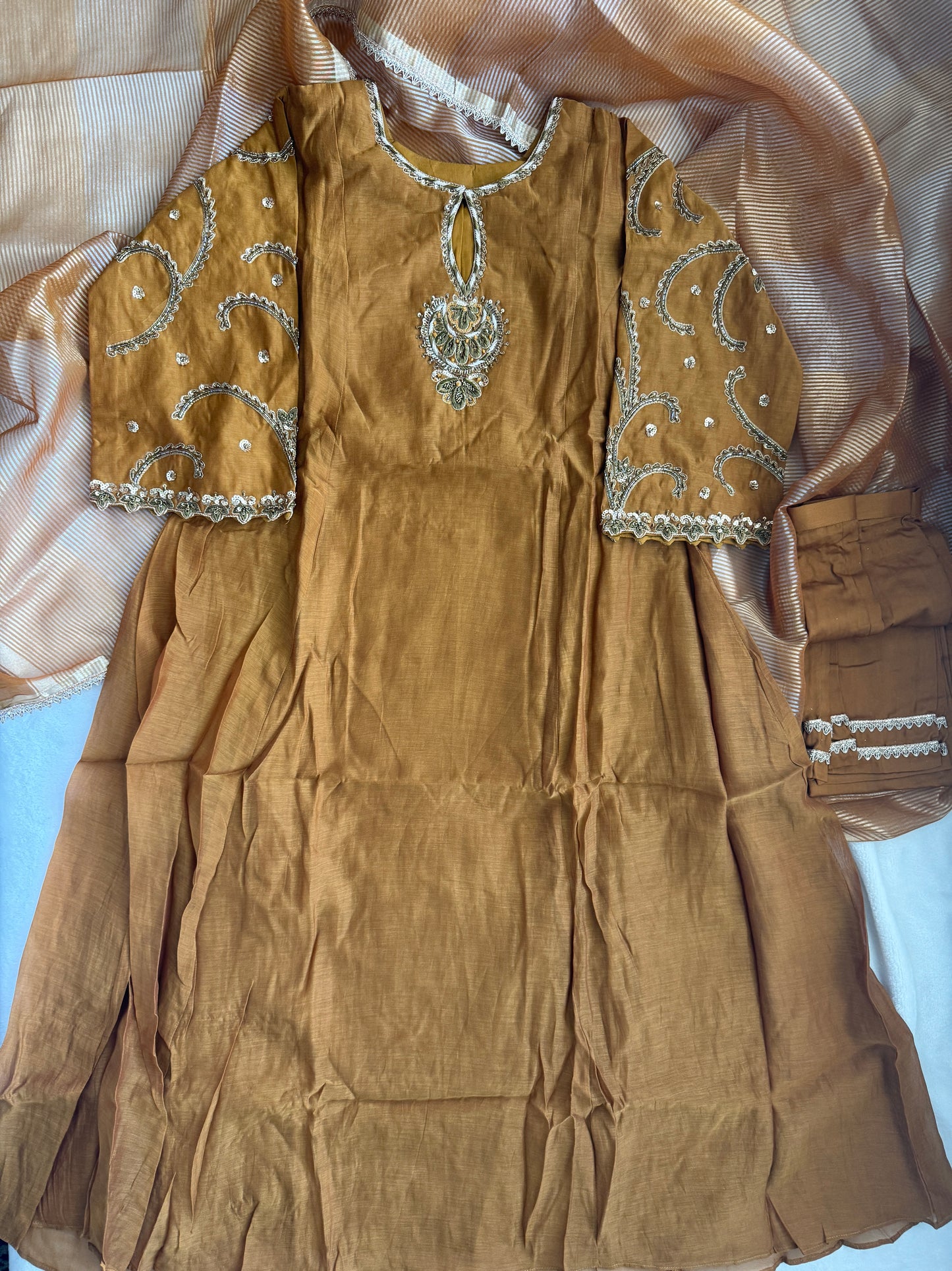 Coffee Brown Shade pure mul chanderi handwork suit set with tissue dupatta
