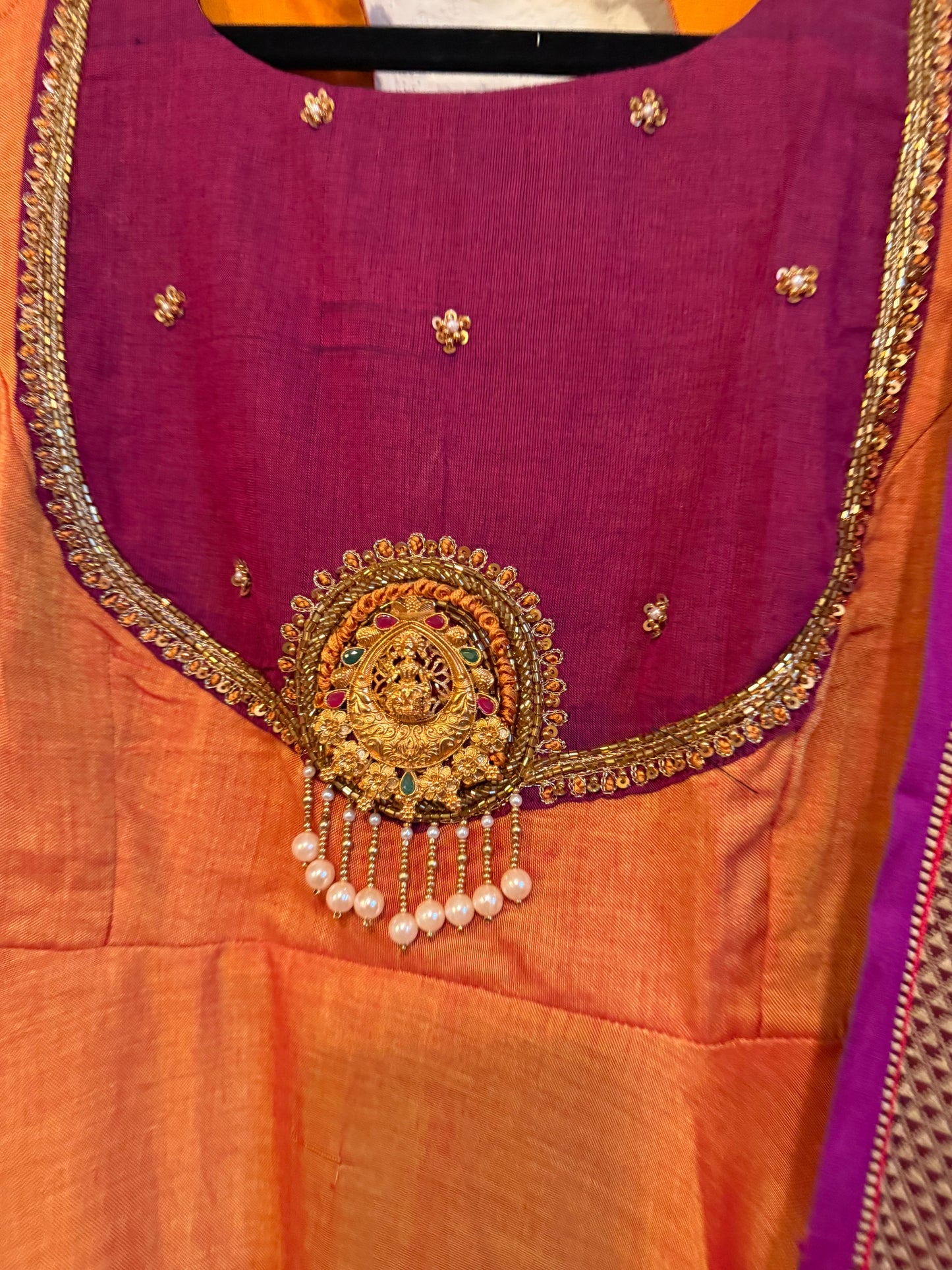 Orange Narayanpet Maggam Work Anarkali with Dupatta